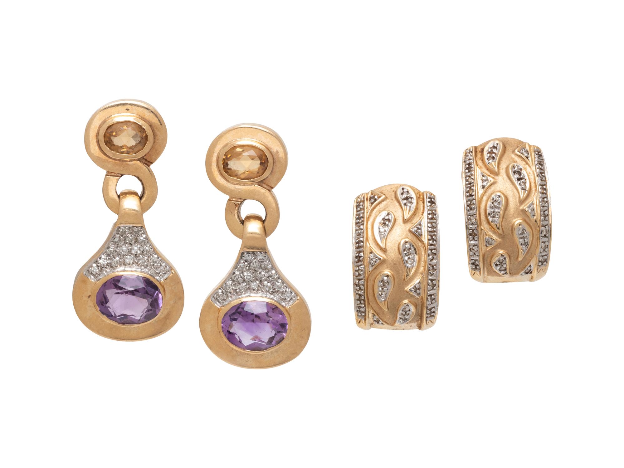 TWO PAIRS OF GOLD AND GEMSTONE EARRINGS