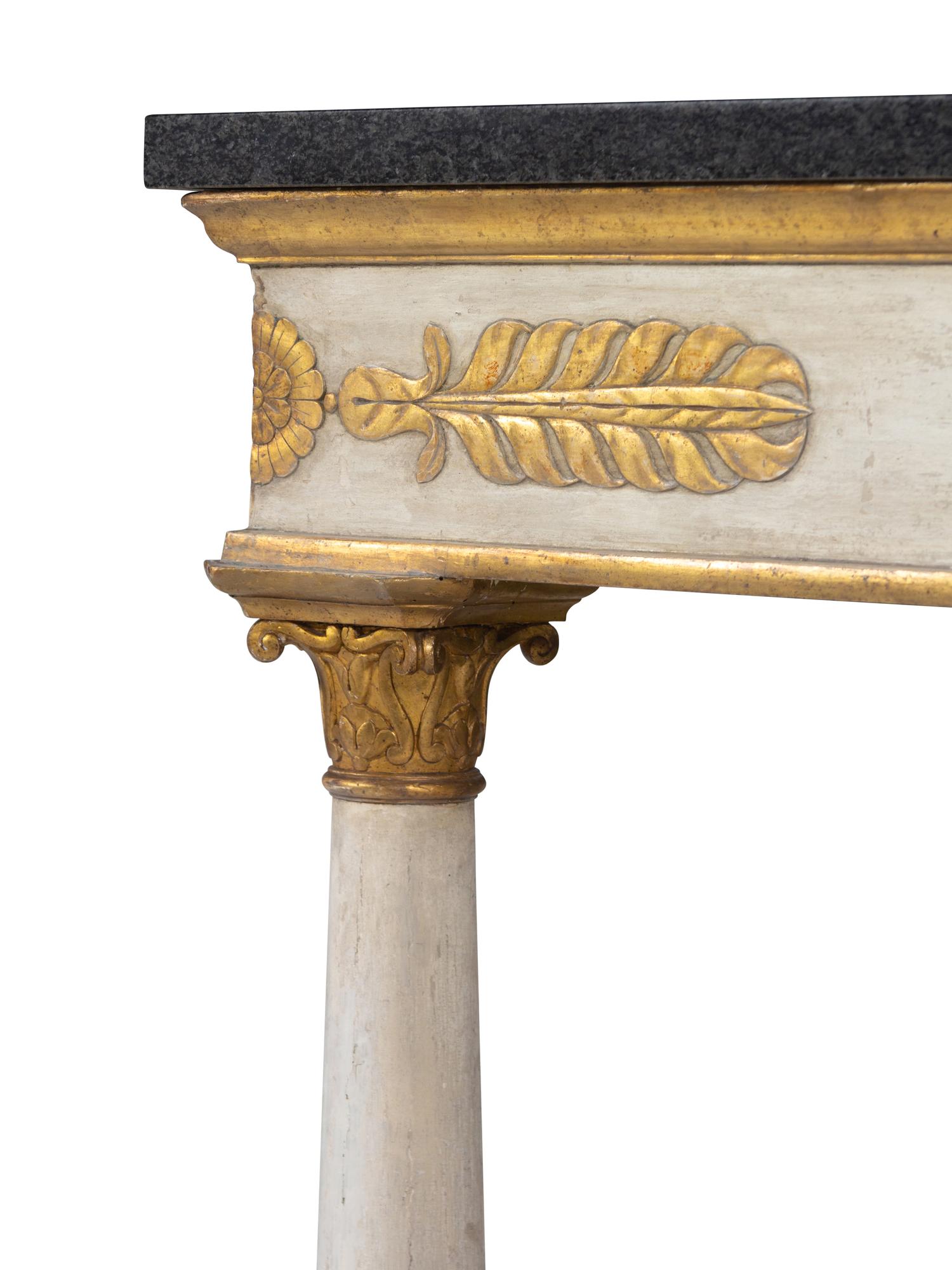 An Italian Neoclassical Painted and Parcel Gilt Marble-Top Console Table