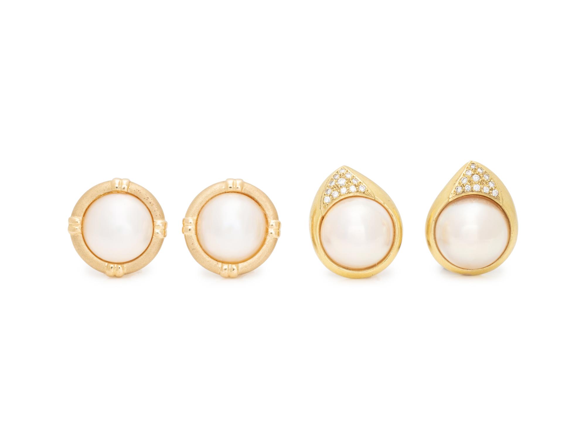 COLLECTION OF YELLOW GOLD AND CULTURED MABE PEARL EARCLIPS