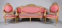 A Louis XVI Style Parlor Suite, Height of settee 42 x width 66 1/4 x depth 26 inches.