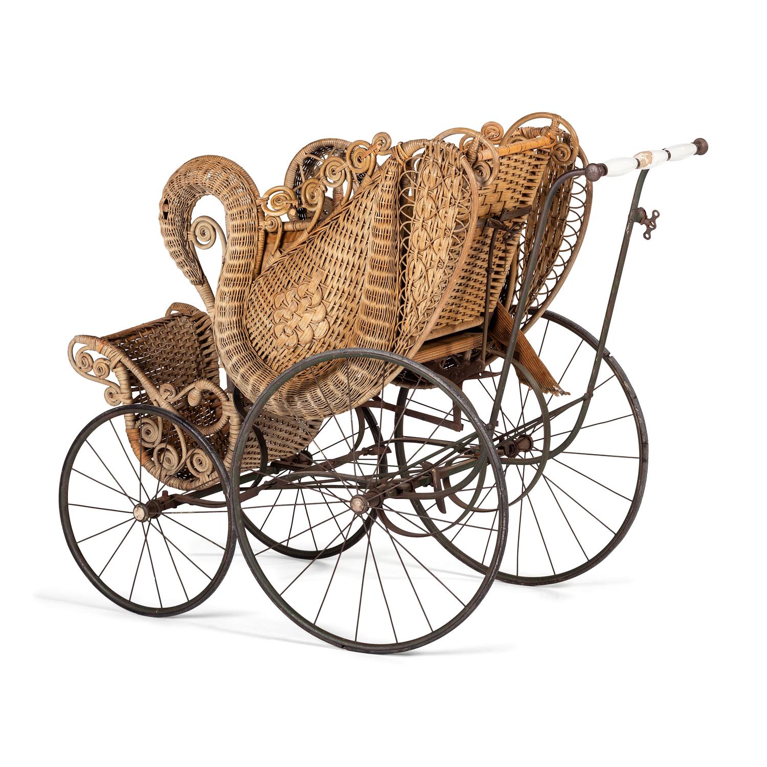 A Victorian Basket Weave Swan-Decorated Trolley