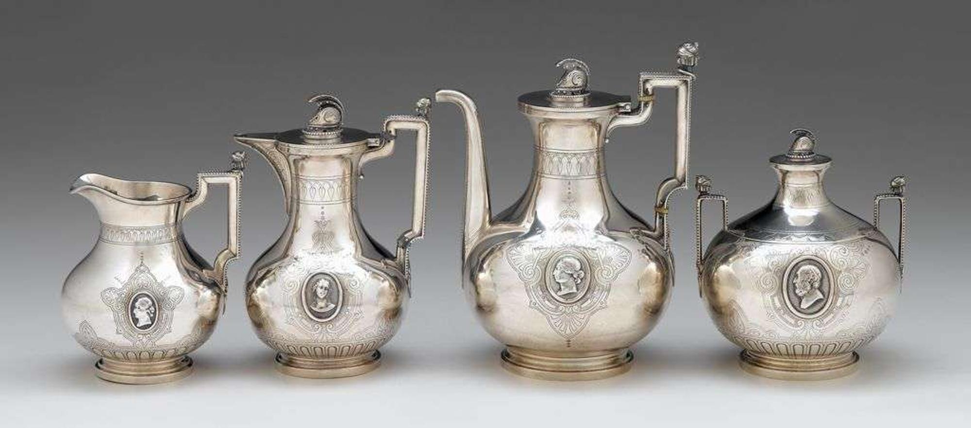 An assembled sterling silver four piece "Medallion" tea and coffee service probably john wendt for ball, black & co. and black, starr & frost, new york, ny, se