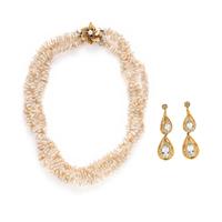 KESHI PEARL NECKLACE AND SEED PEARL AND AQUAMARINE EARRINGS