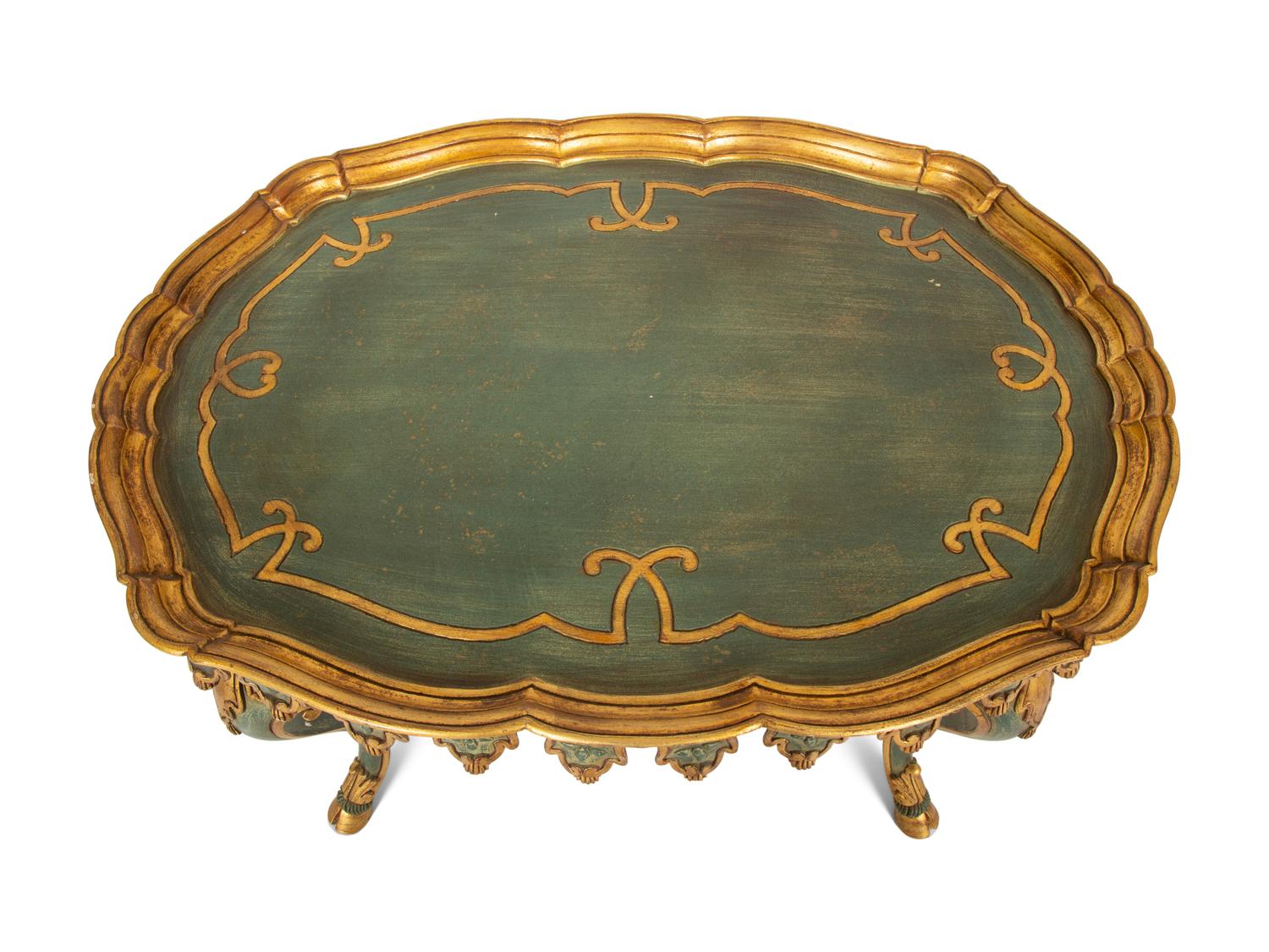 A Venetian Style Green-Painted and Parcel Gilt Tray-Top Low Table