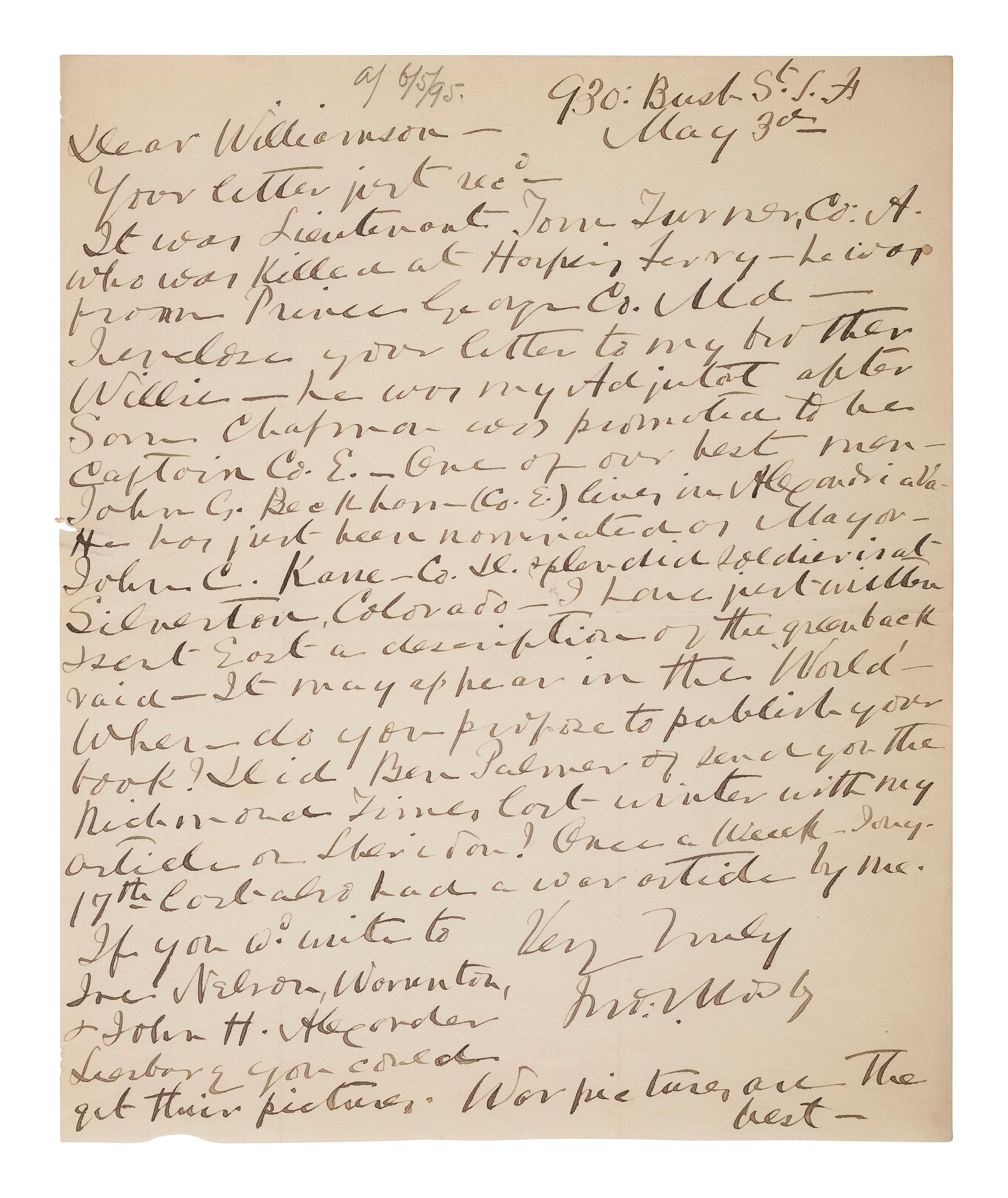 MOSBY, JOHN S. (1833-1916). ALS to James Williamson. [San Francisco], 3 May 1895. Mosby mentions the Greenback Raid and several Rangers by name.