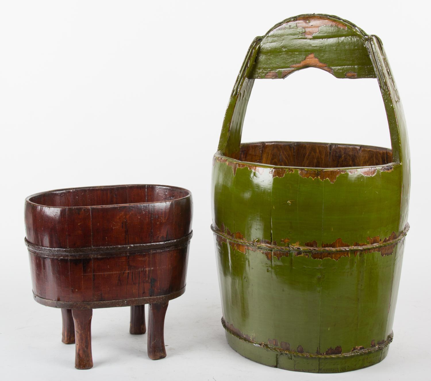 Two Painted Wood Buckets Height of tallest 24 1/2 inches.