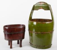 Two Painted Wood Buckets Height of tallest 24 1/2 inches.