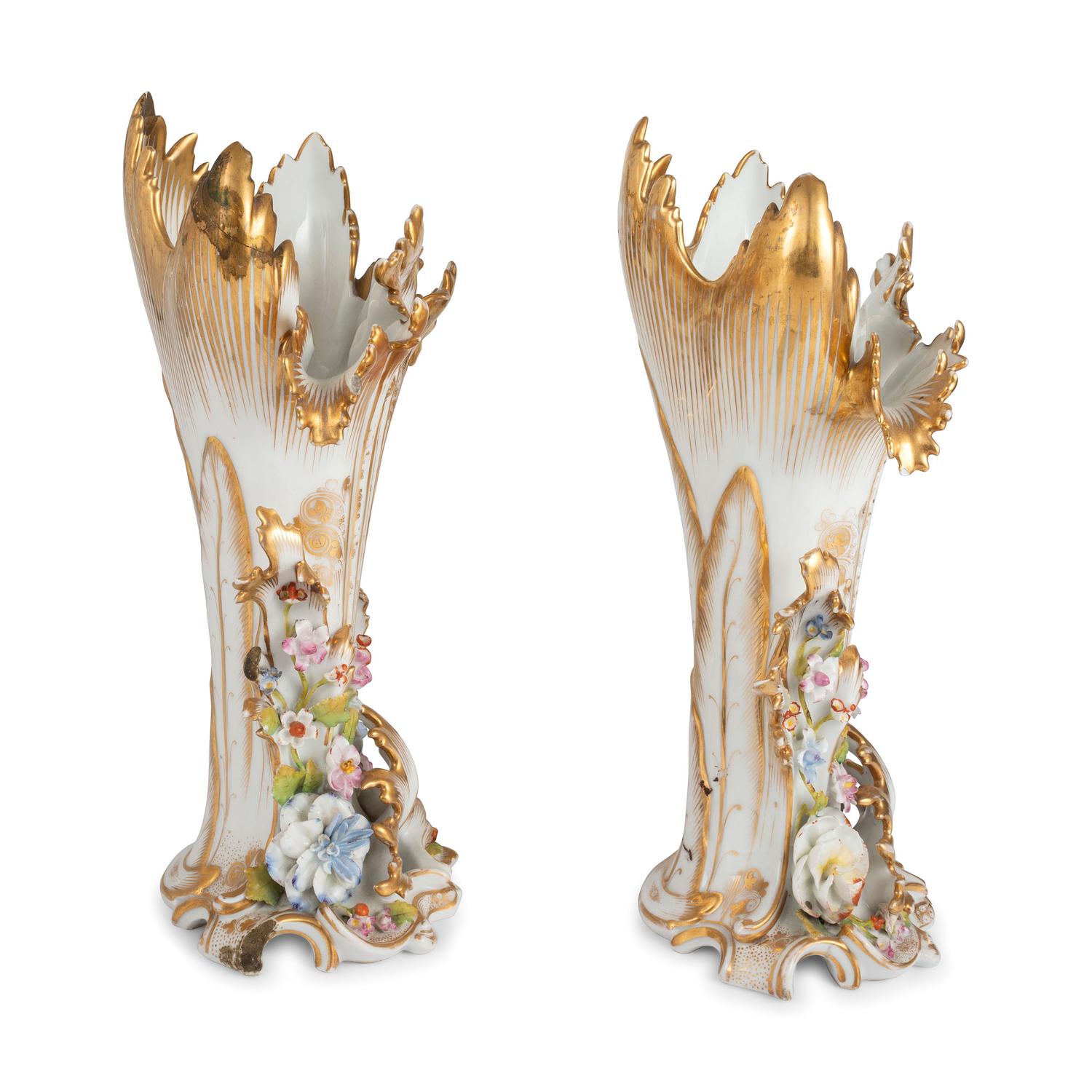 A Pair of Paris Porcelain Gilt and Encrusted Spill-Vases