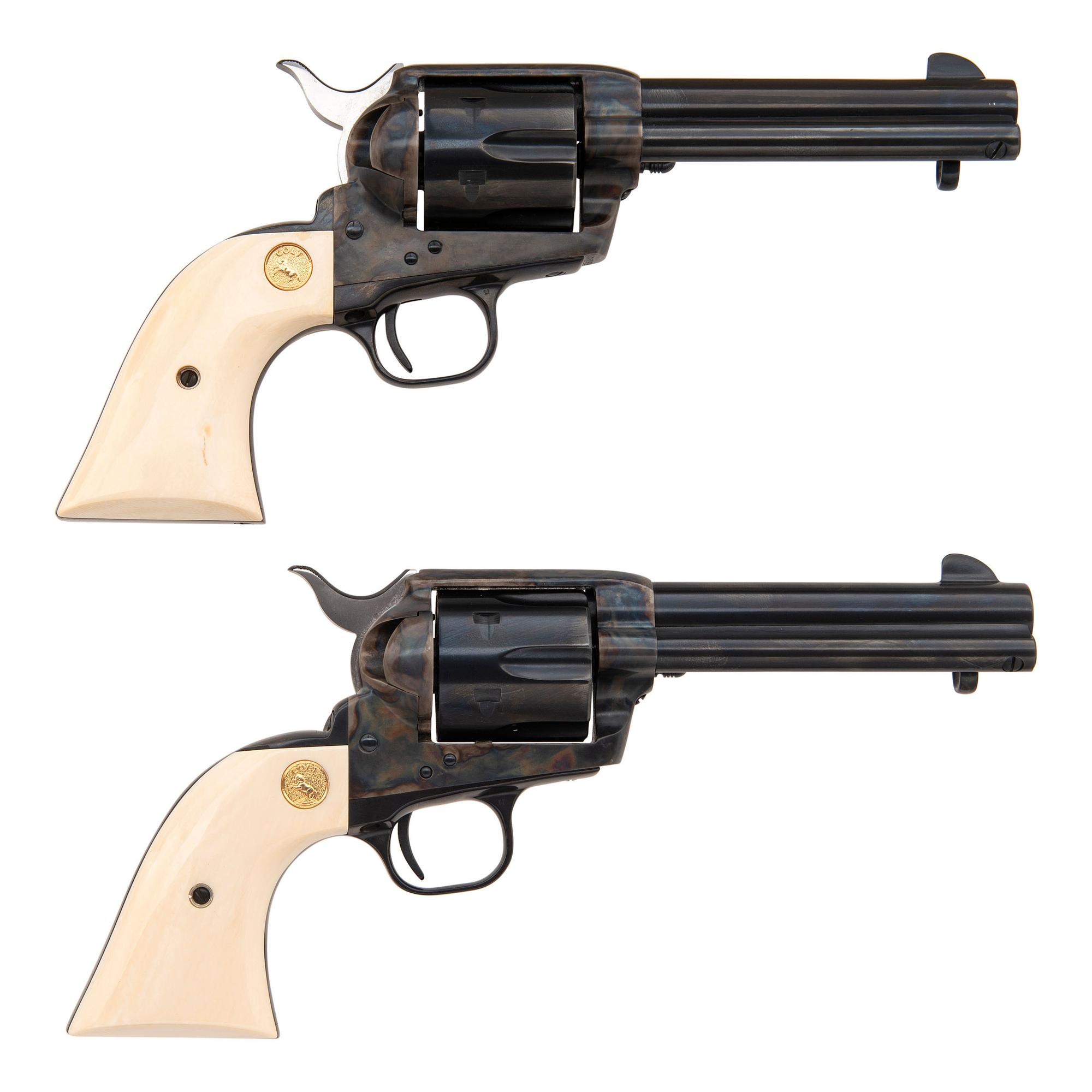 *Consecutively Numbered Pair of Ivory Gripped Colt Single Action Army Revolvers with Black Powder Frames and Bullseye Ejectors in Boxes