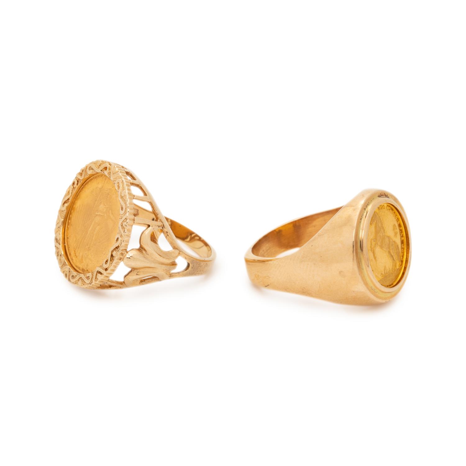 COLLECTION OF YELLOW GOLD AND COIN RINGS