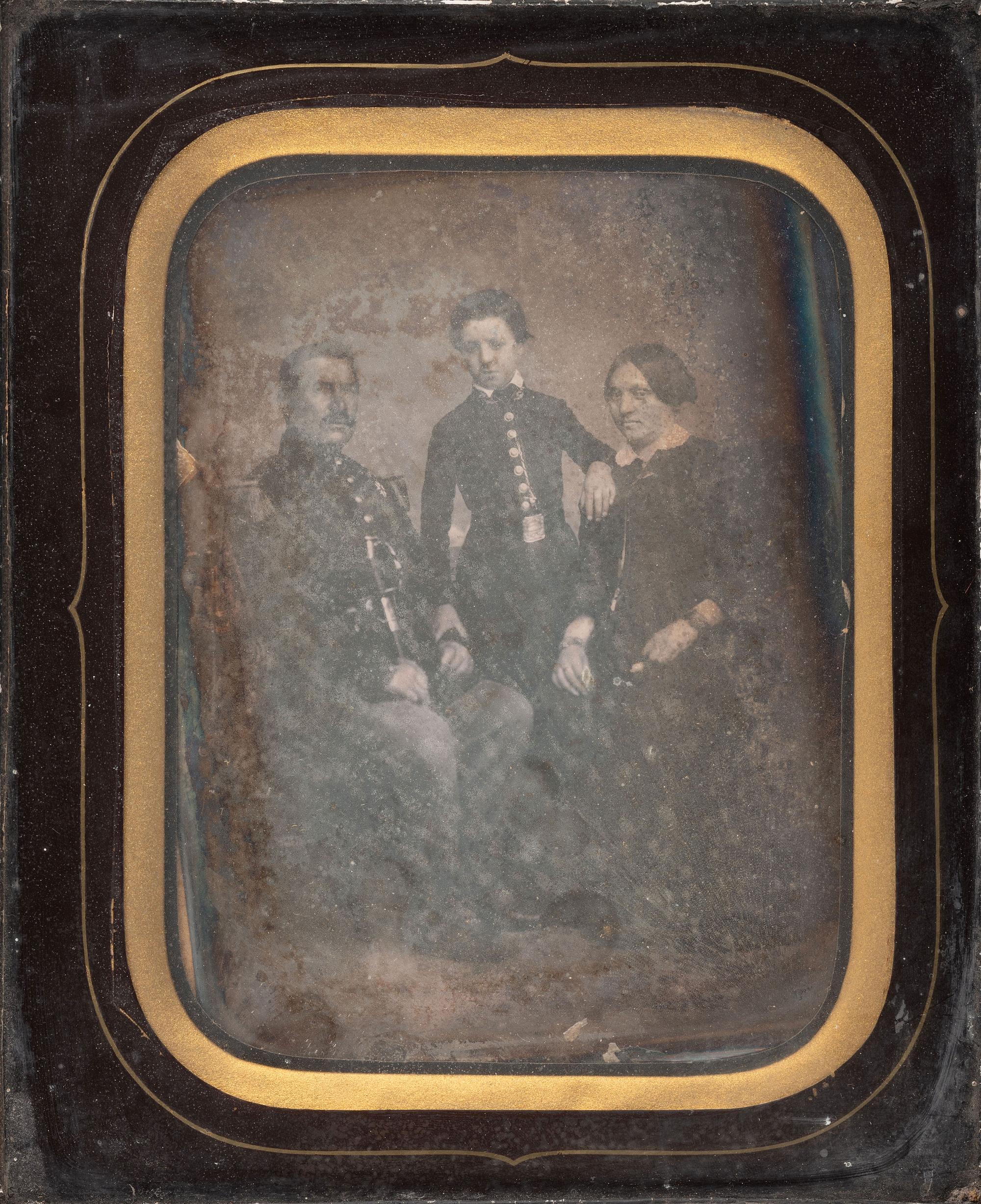 [EARLY PHOTOGRAPHY]. An oversized half plate daguerreotype portrait of a French military officer and his family.