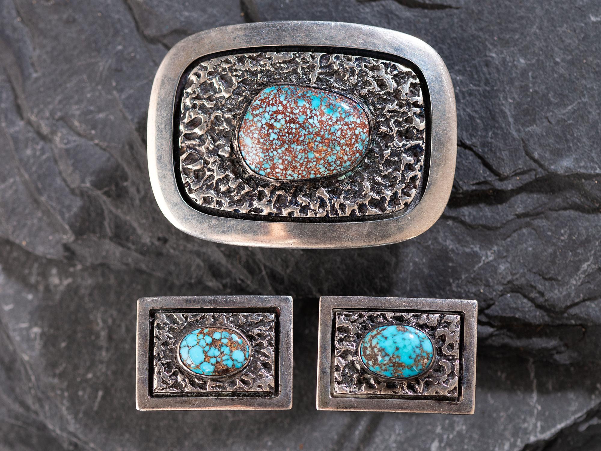 Southwestern-style Sterling Silver and Turquoise Cuff Links and Belt Buckle