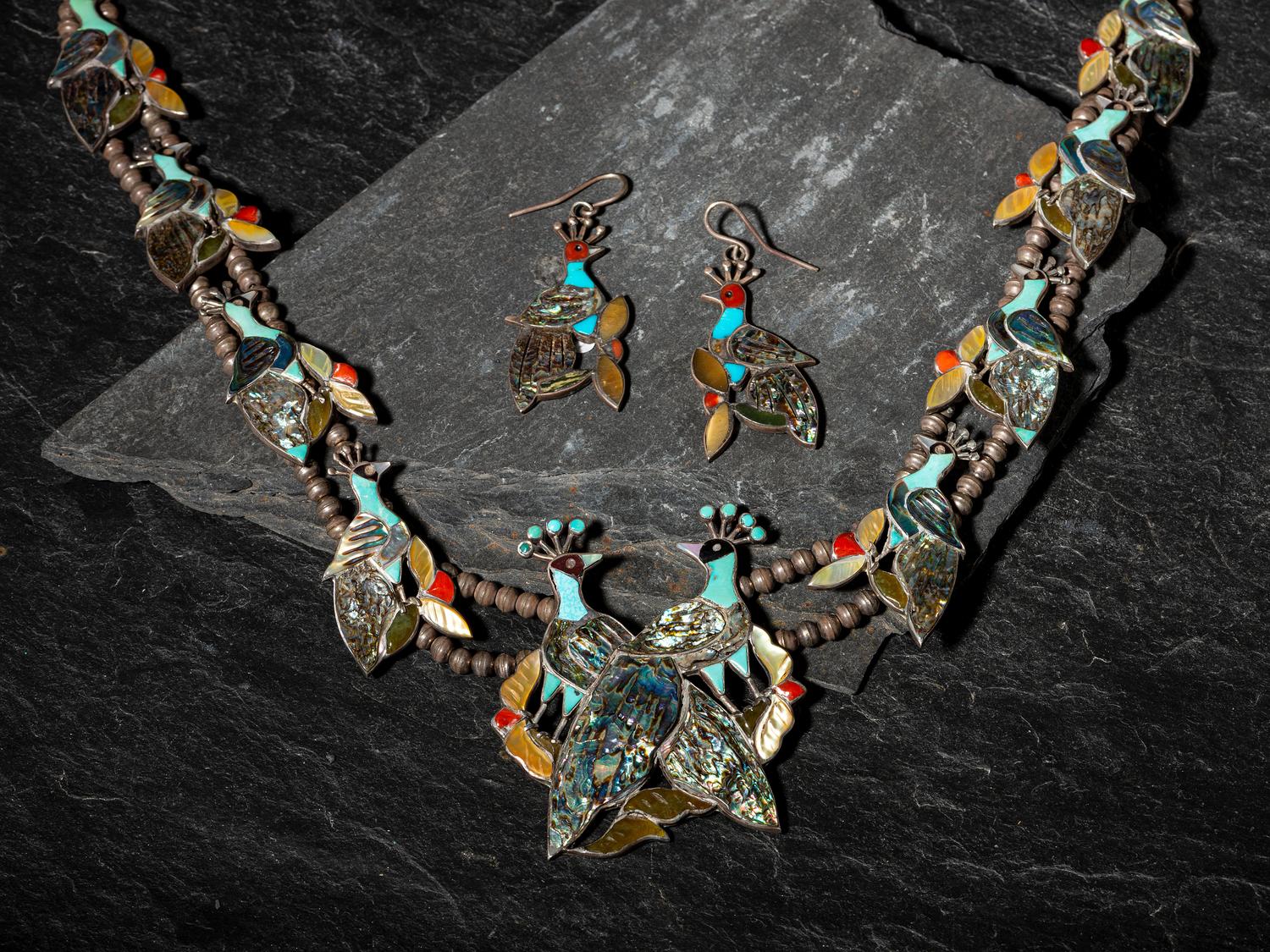 Mosaic Inlay Peacock Squash Blossom Necklace, PLUS Hook Earrings