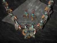 Mosaic Inlay Peacock Squash Blossom Necklace, PLUS Hook Earrings