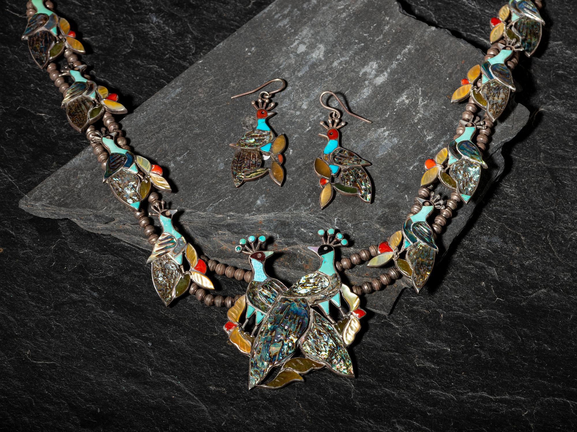 Mosaic Inlay Peacock Squash Blossom Necklace, PLUS Hook Earrings