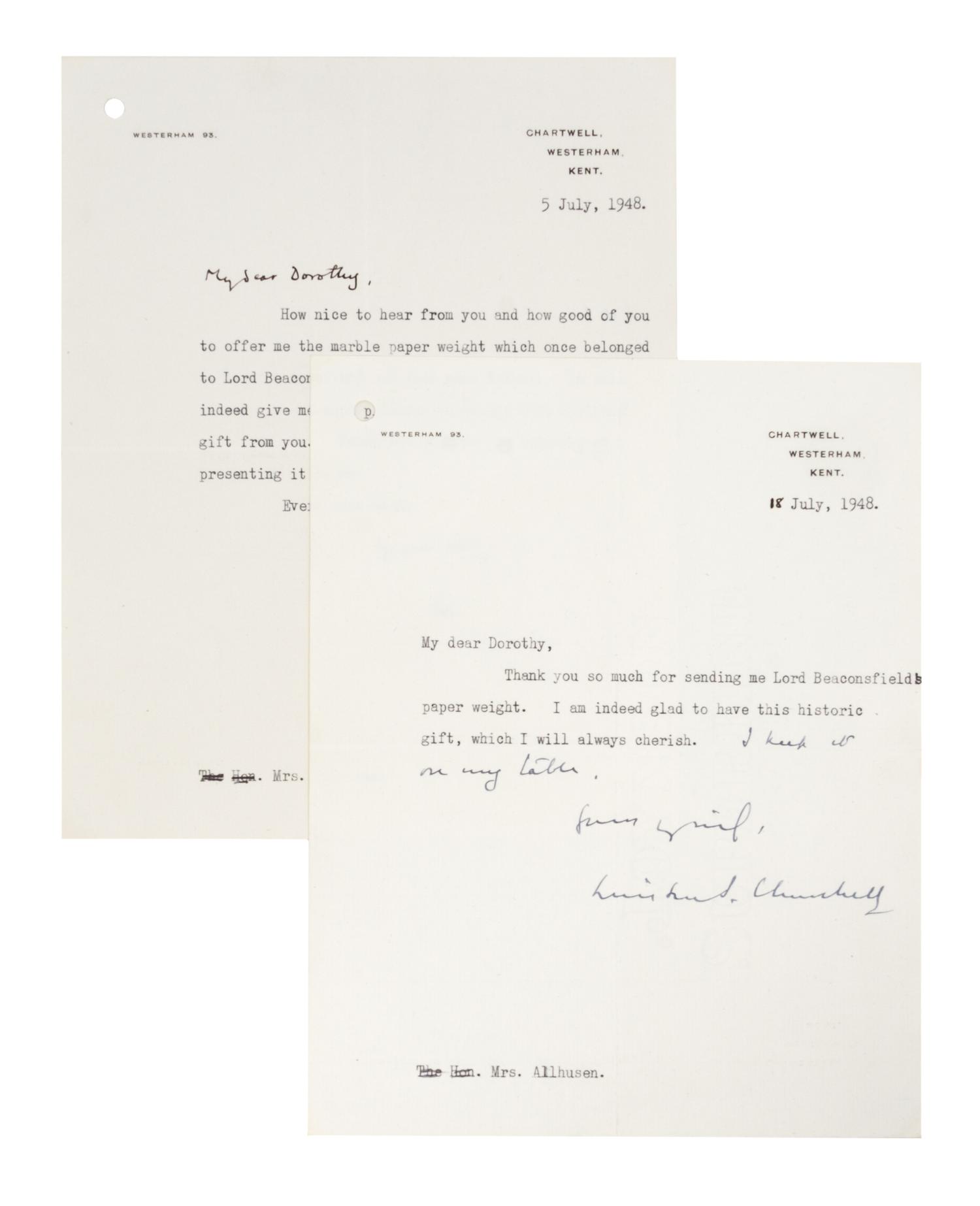 CHURCHILL, WINSTON, TLs July 18, 1948. Relating to Lord Beaconsfield. Together with photo and CDV.