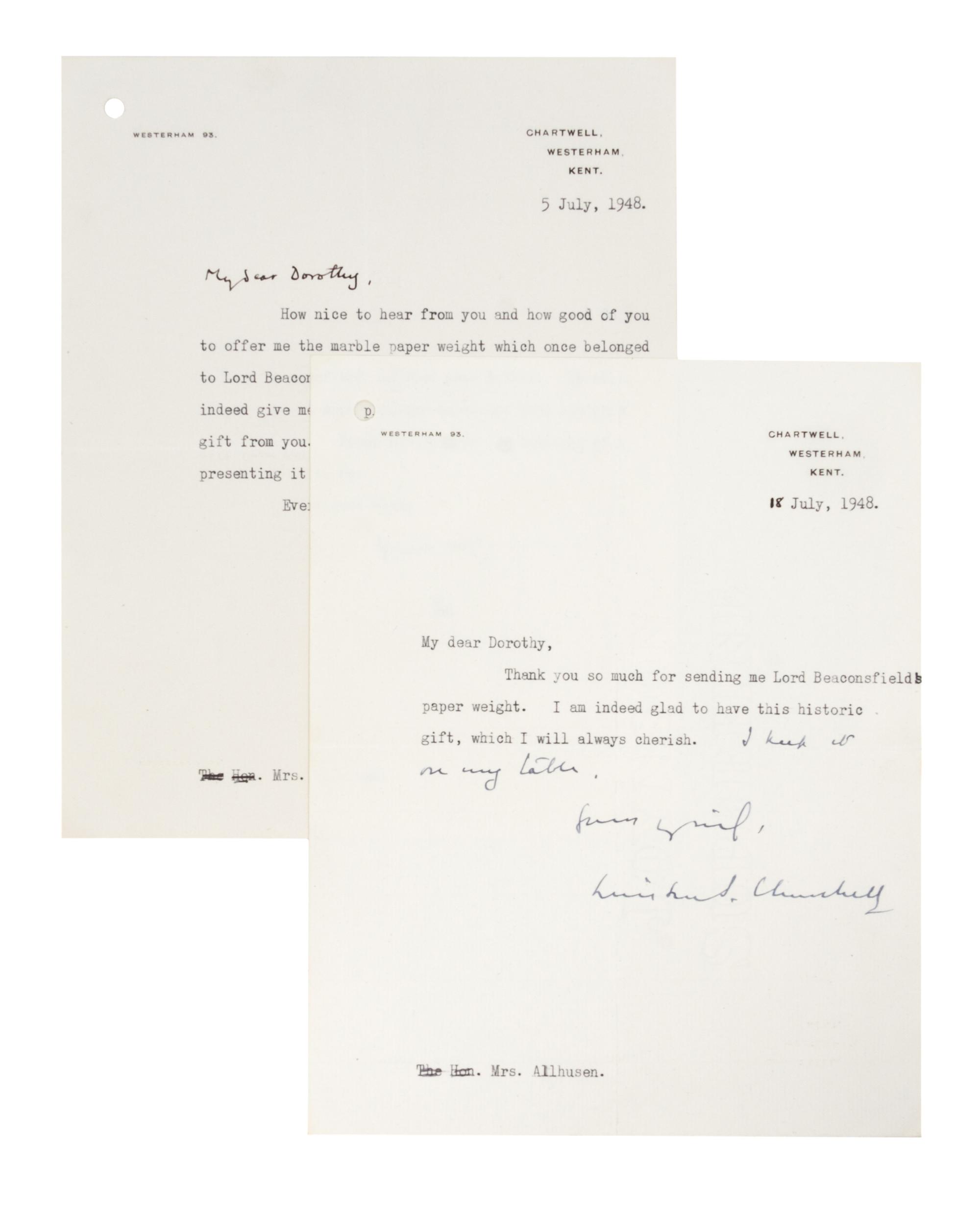CHURCHILL, WINSTON, TLs July 18, 1948. Relating to Lord Beaconsfield. Together with photo and CDV.