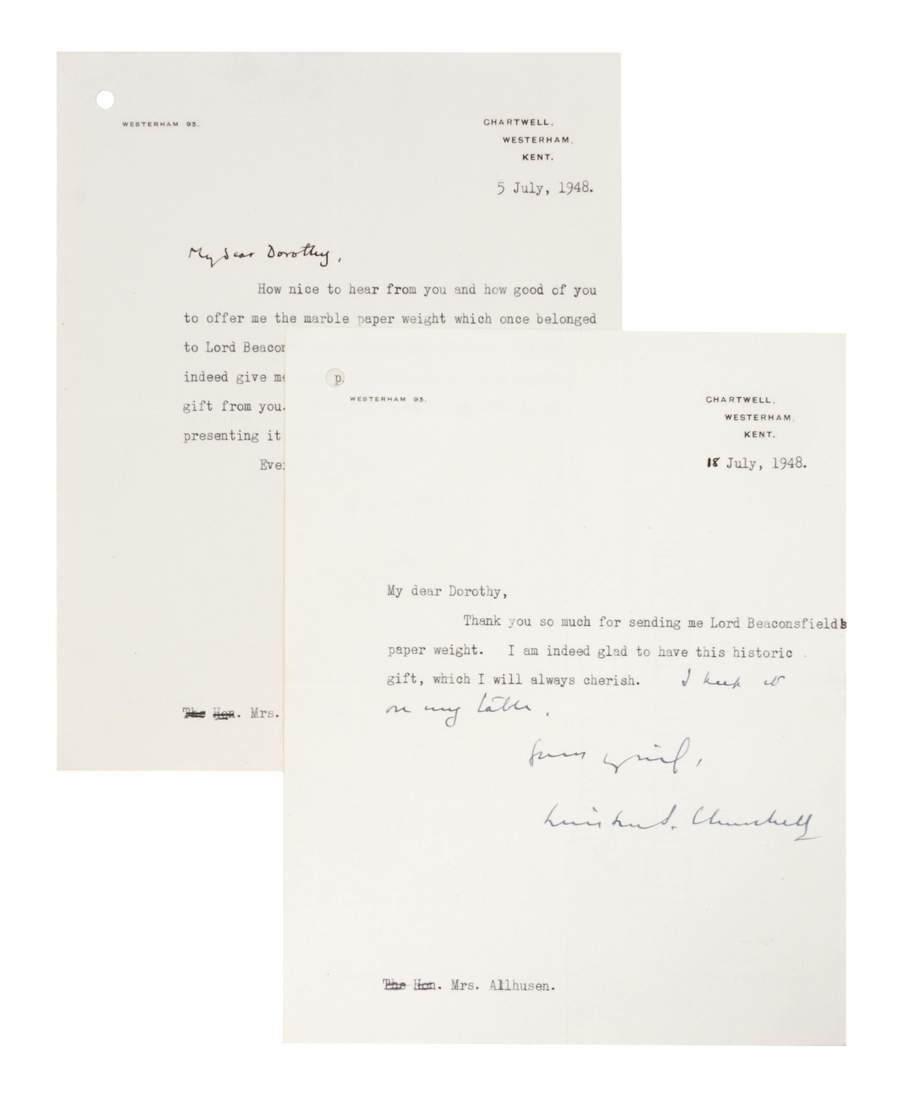 CHURCHILL, WINSTON, TLs July 18, 1948. Relating to Lord Beaconsfield. Together with photo and CDV.
