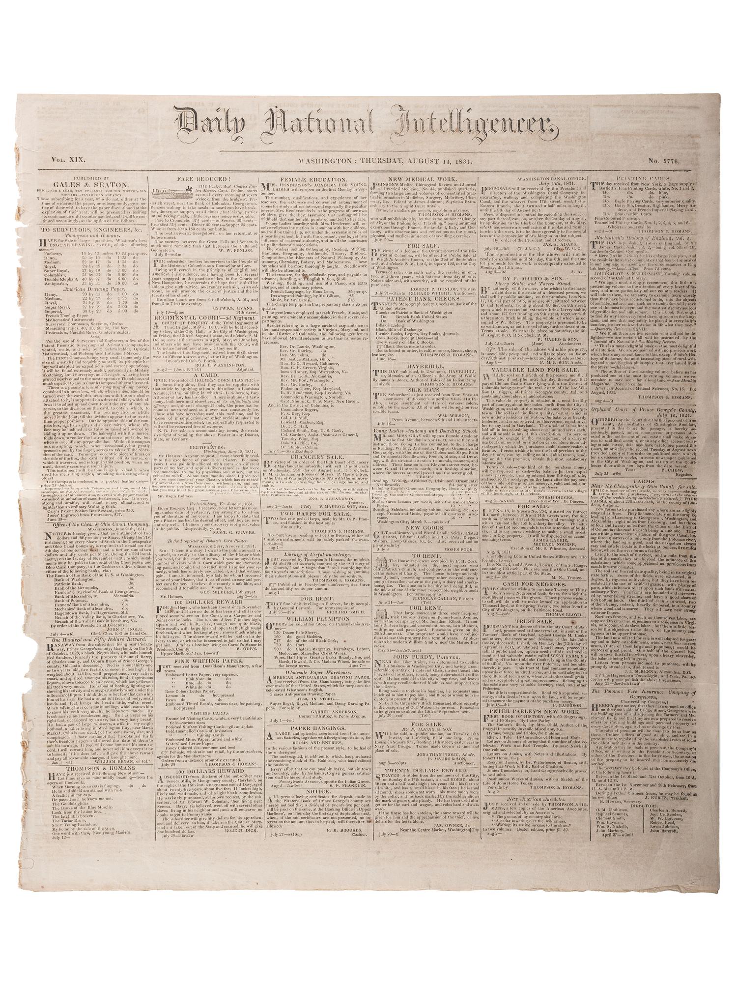 [SLAVERY & ABOLITION]. Advertisements for the return of freedom seekers published in 7 issues of The National Intelligencer . Washington, DC: 1831-1858.