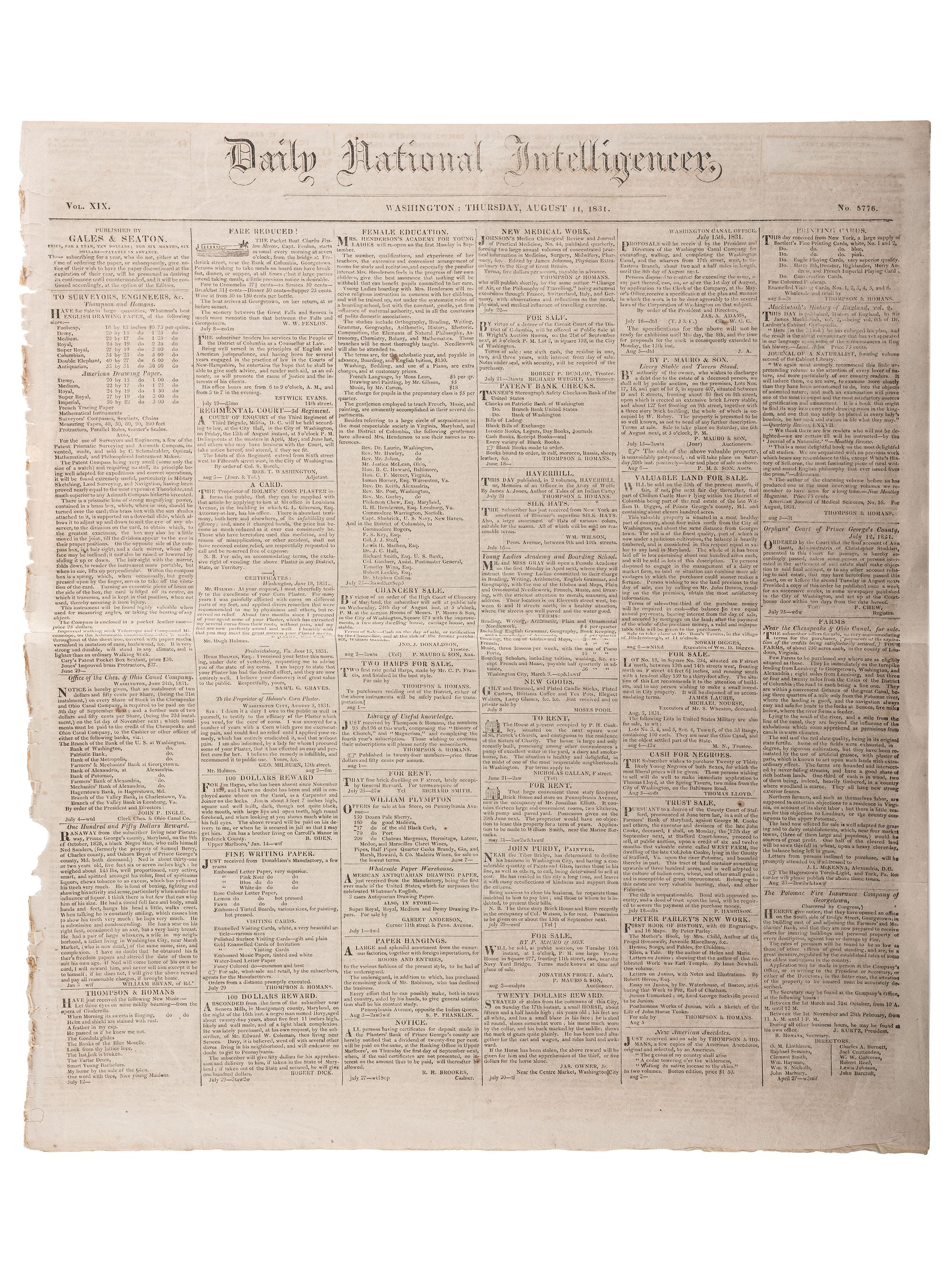 [SLAVERY & ABOLITION]. Advertisements for the return of freedom seekers published in 7 issues of The National Intelligencer . Washington, DC: 1831-1858.