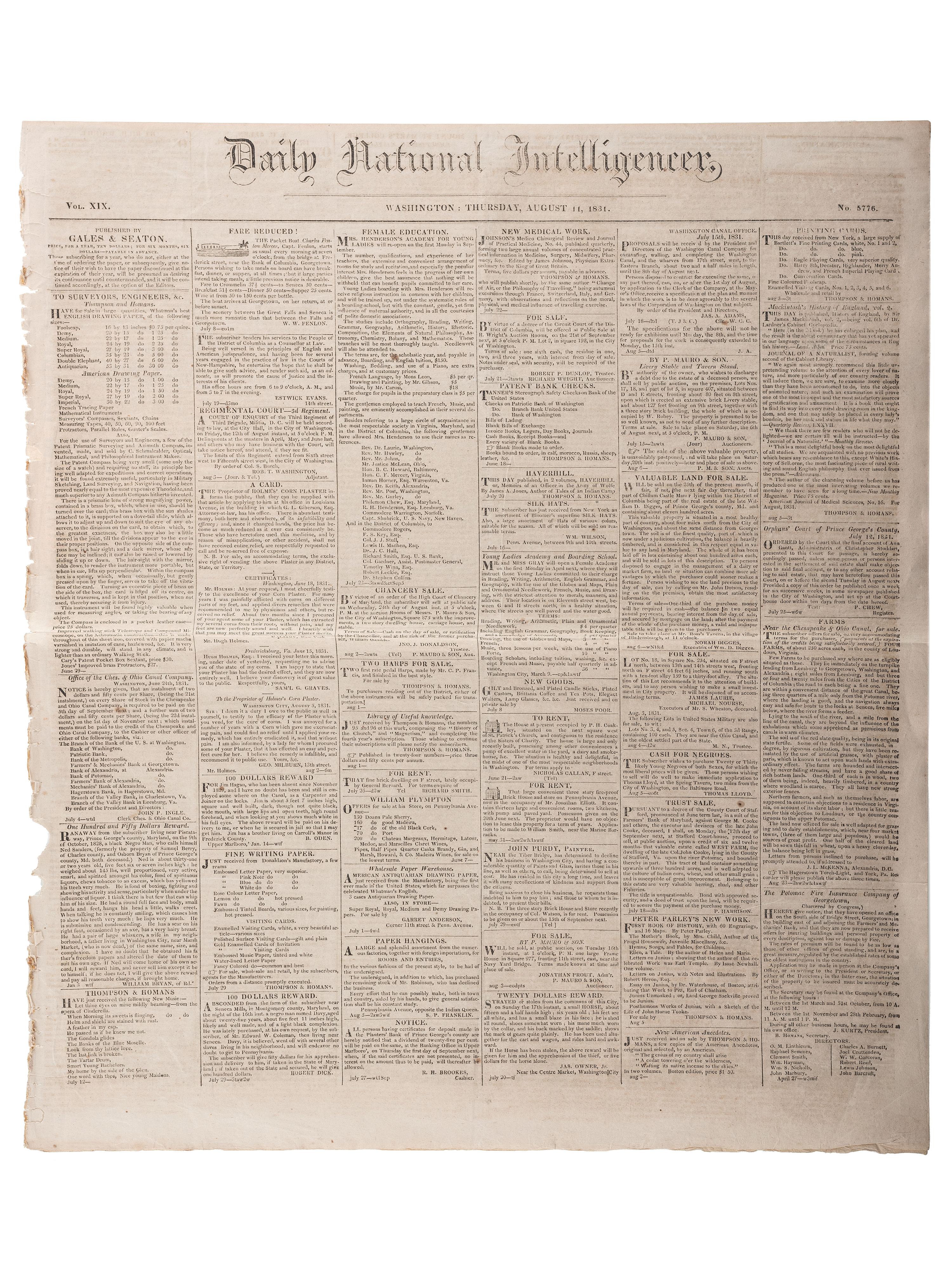 [SLAVERY & ABOLITION]. Advertisements for the return of freedom seekers published in 7 issues of The National Intelligencer . Washington, DC: 1831-1858.