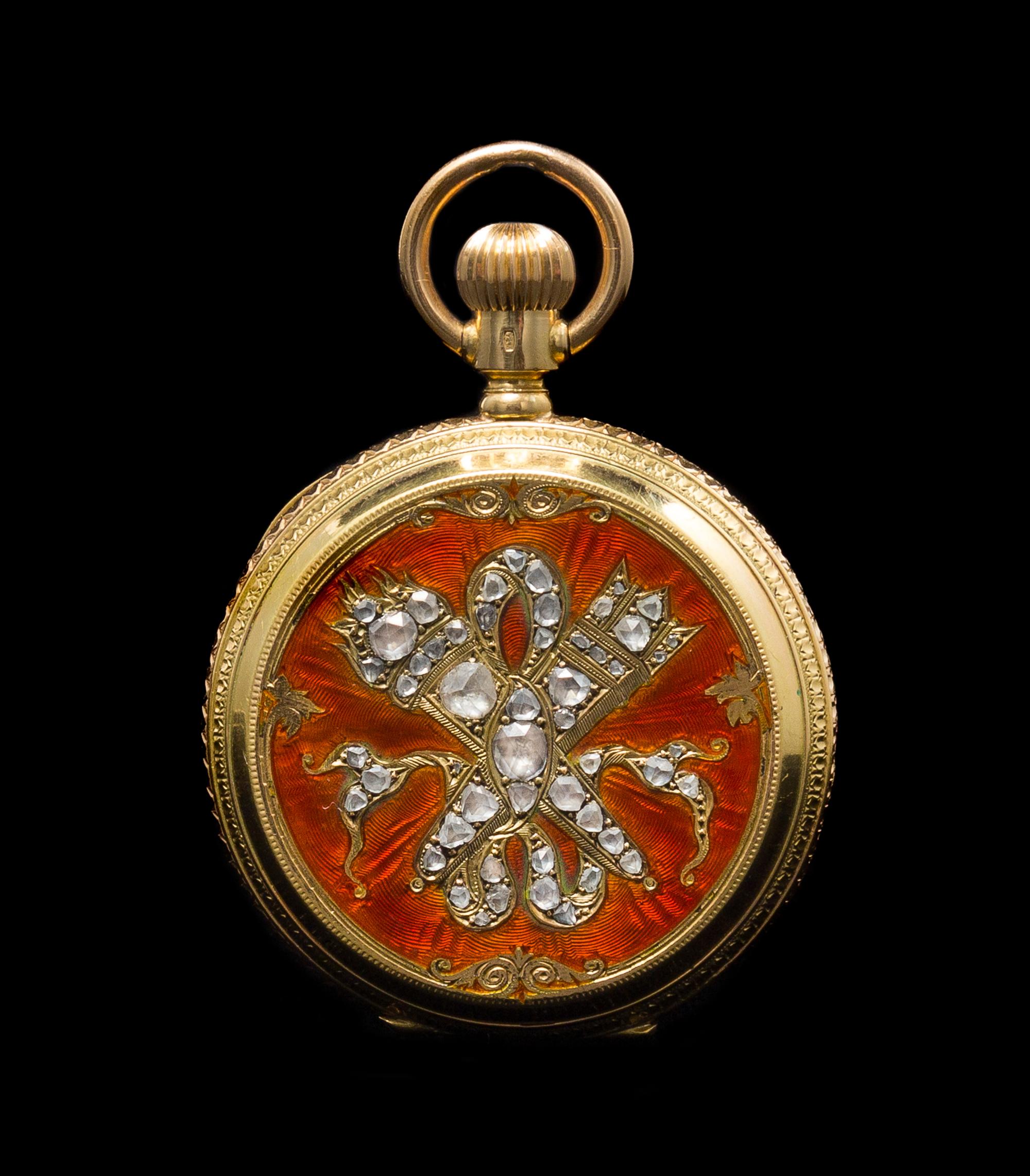 An 18 Karat Yellow Gold, Polychrome Enamel and Diamond Hunter Case Pocket Watch for the Ottoman Market, Bautte Geneve,