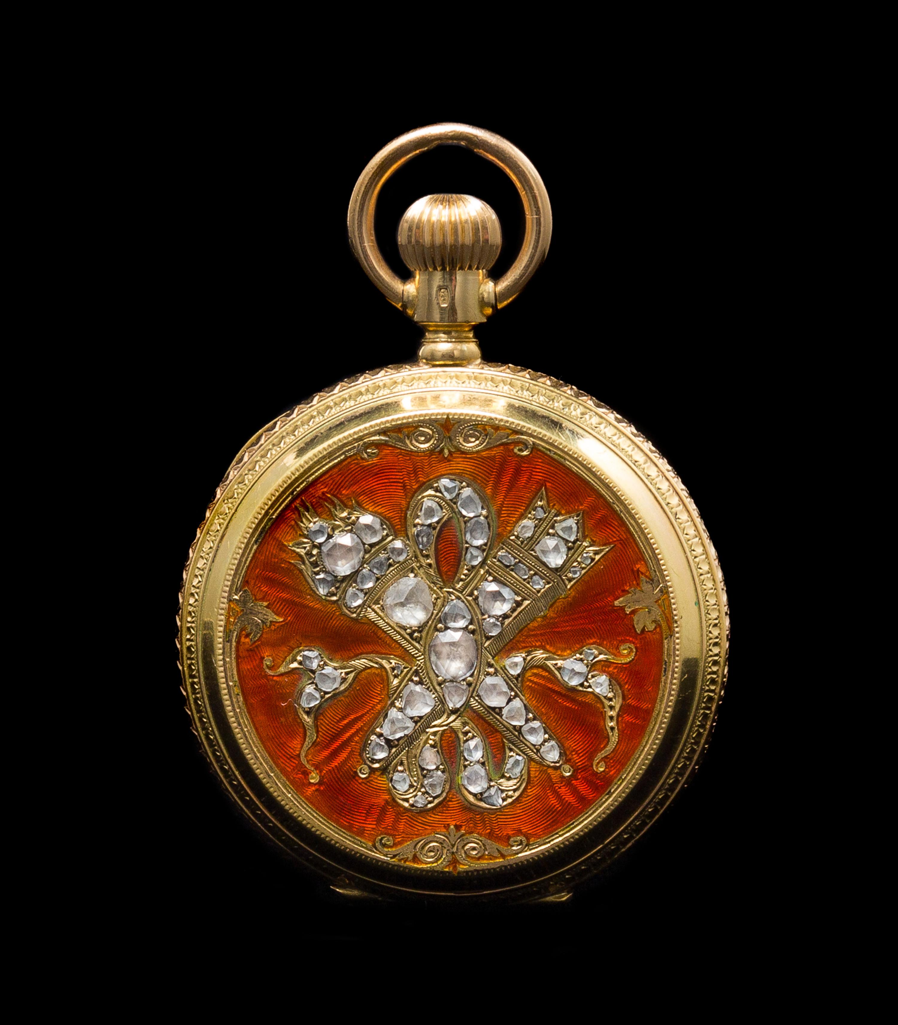 An 18 Karat Yellow Gold, Polychrome Enamel and Diamond Hunter Case Pocket Watch for the Ottoman Market, Bautte Geneve,