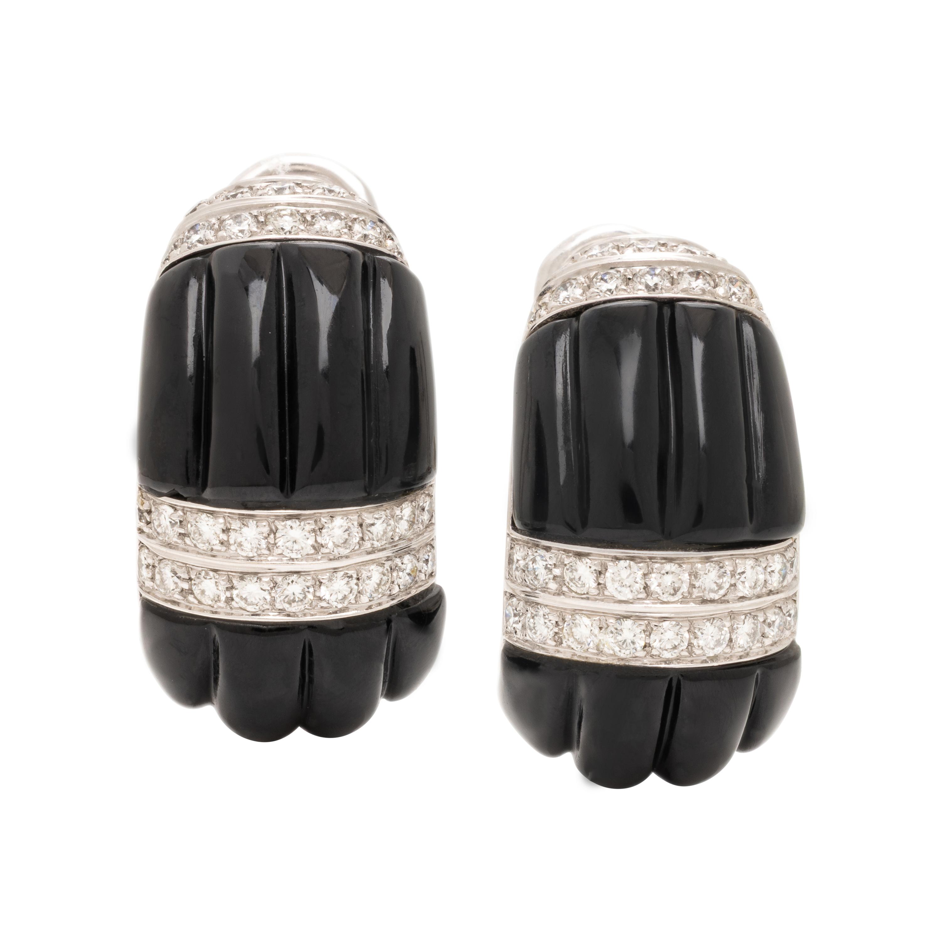 Onyx, Diamond, and White Gold Half Hoop Earrings