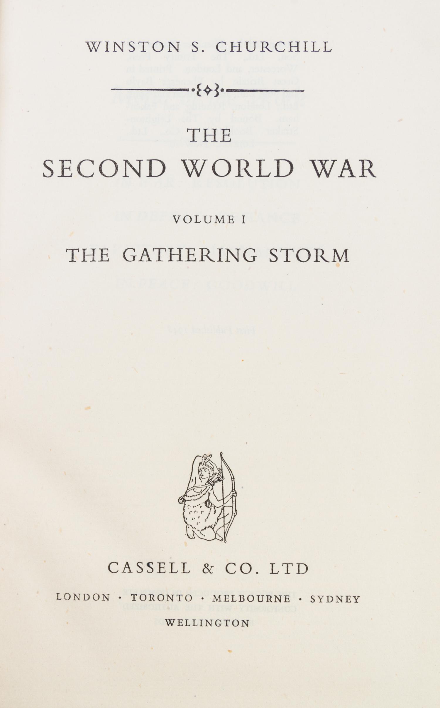 CHURCHILL, WINSTON. The Second World War. London, 1948-1954. 6 vols. With The World in Crisis. 4 vols. London, 1923-27. (10 total)