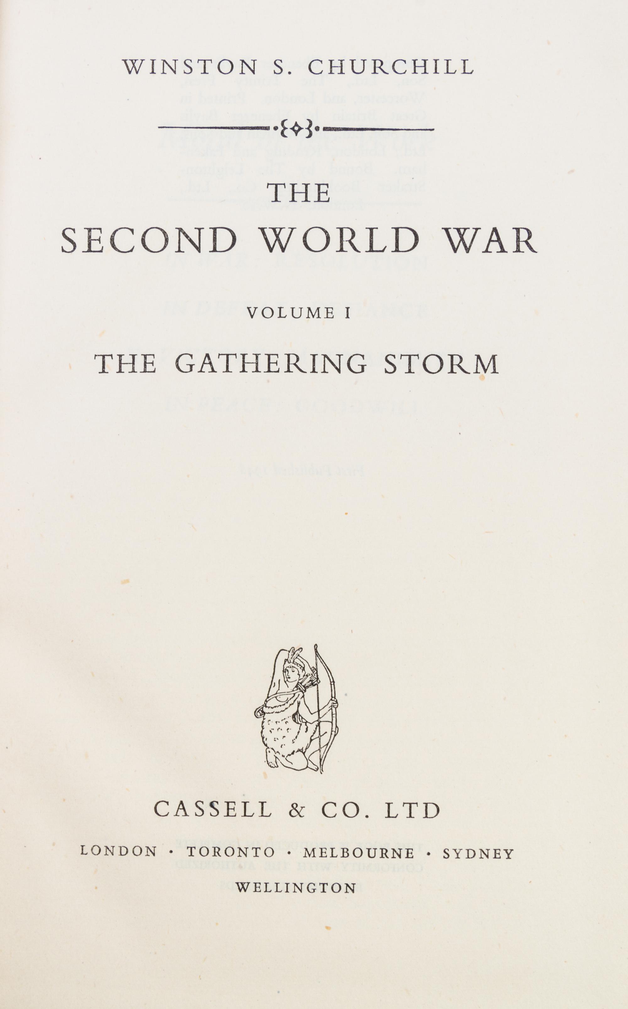 CHURCHILL, WINSTON. The Second World War. London, 1948-1954. 6 vols. With The World in Crisis. 4 vols. London, 1923-27. (10 total)
