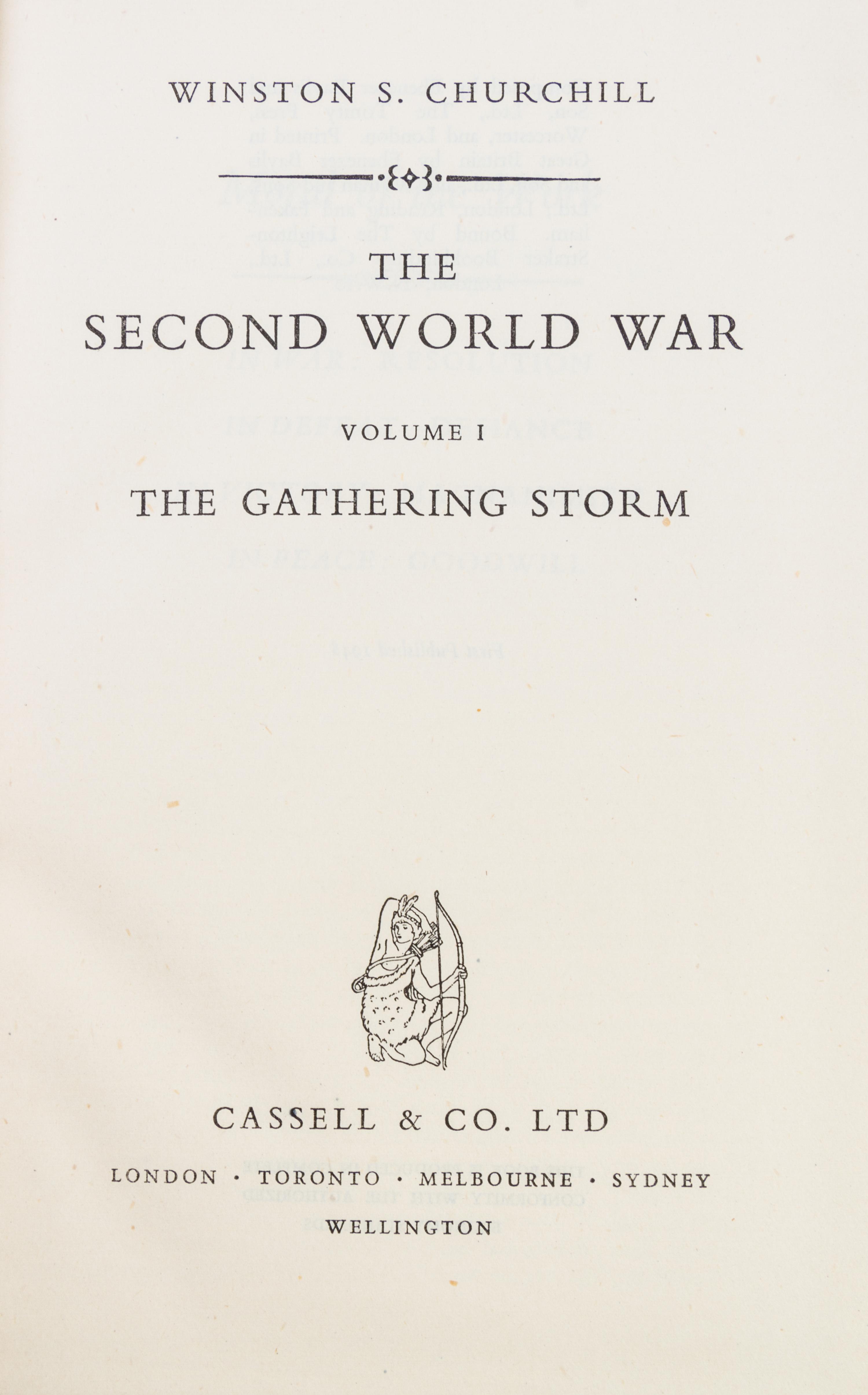 CHURCHILL, WINSTON. The Second World War. London, 1948-1954. 6 vols. With The World in Crisis. 4 vols. London, 1923-27. (10 total)