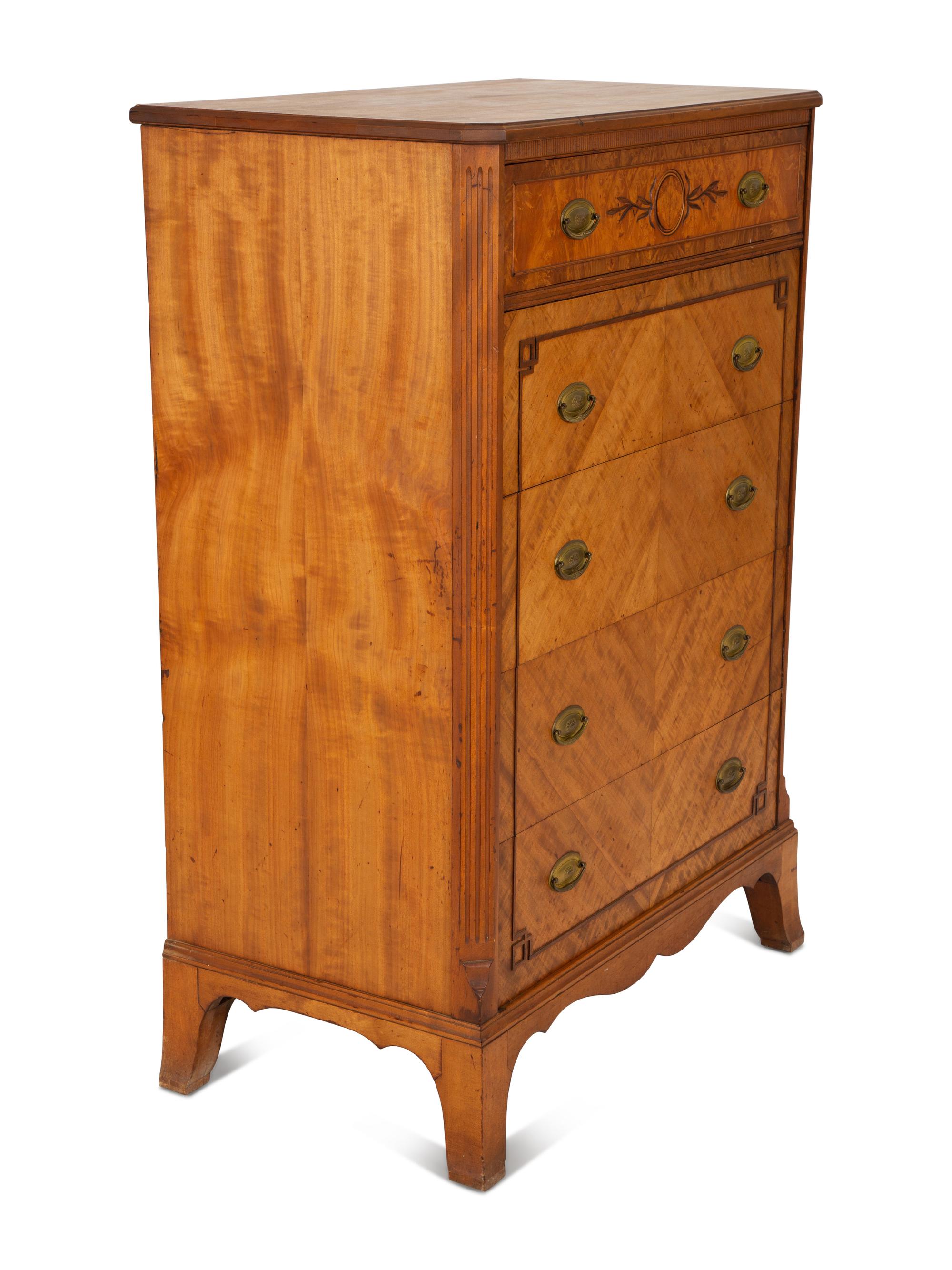 A French Empire Style Burl and Walnut Veneered Tall Chest — 20th Century
