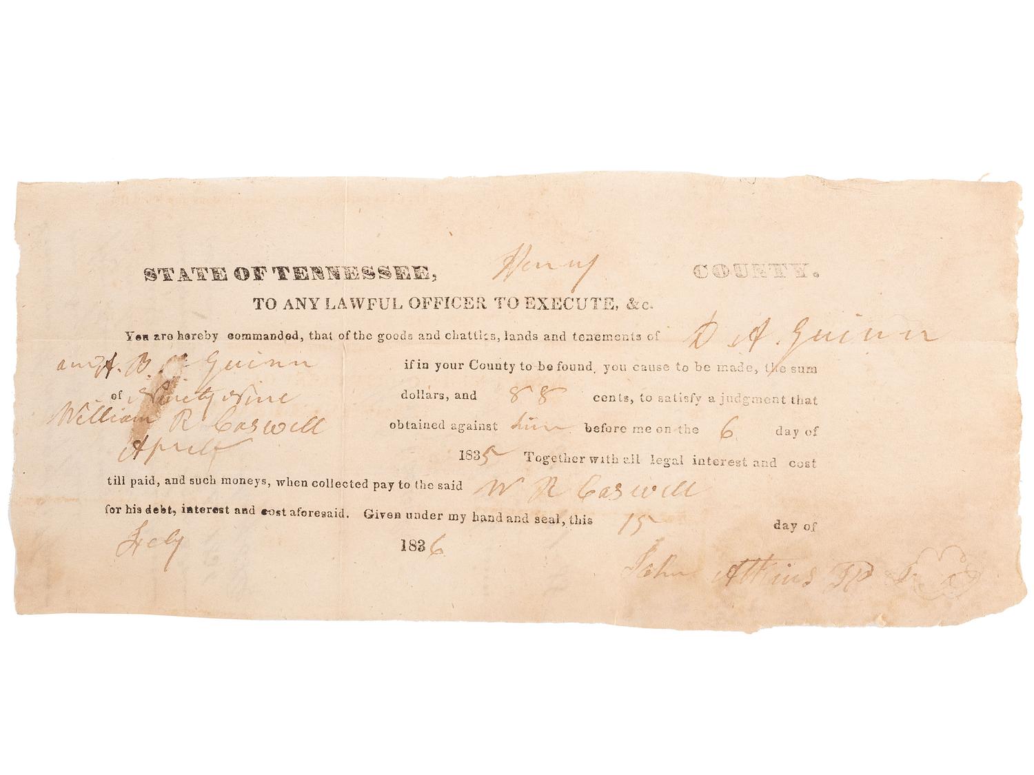 [SLAVERY & ABOLITION]. A group of 4 documents related to the enslavement of individuals in Tennessee, comprising: