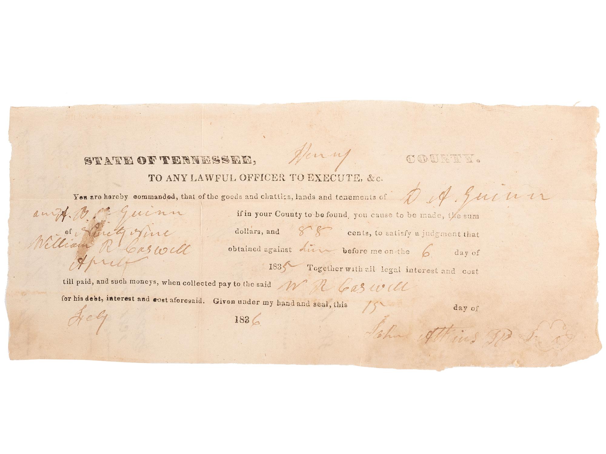 [SLAVERY & ABOLITION]. A group of 4 documents related to the enslavement of individuals in Tennessee, comprising: