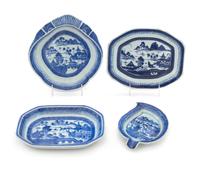 A Group of Four Canton Blue and White Serving Dishes Width of largest 10 inches. — 19TH CENTURY