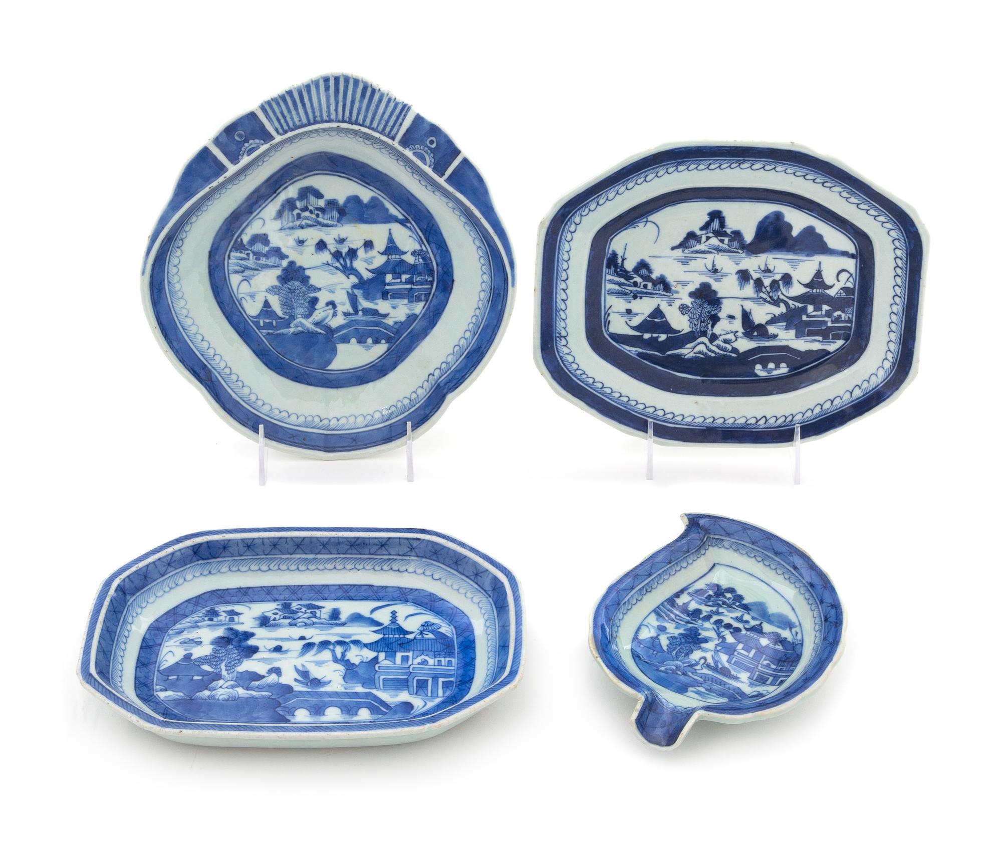 A Group of Four Canton Blue and White Serving Dishes Width of largest 10 inches. — 19TH CENTURY