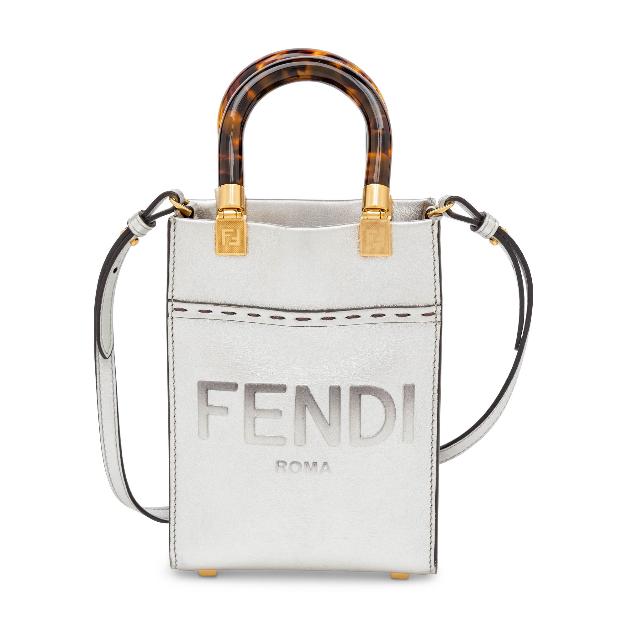Fendi, Metallic Silver Mini Sunshine Shopper Tote