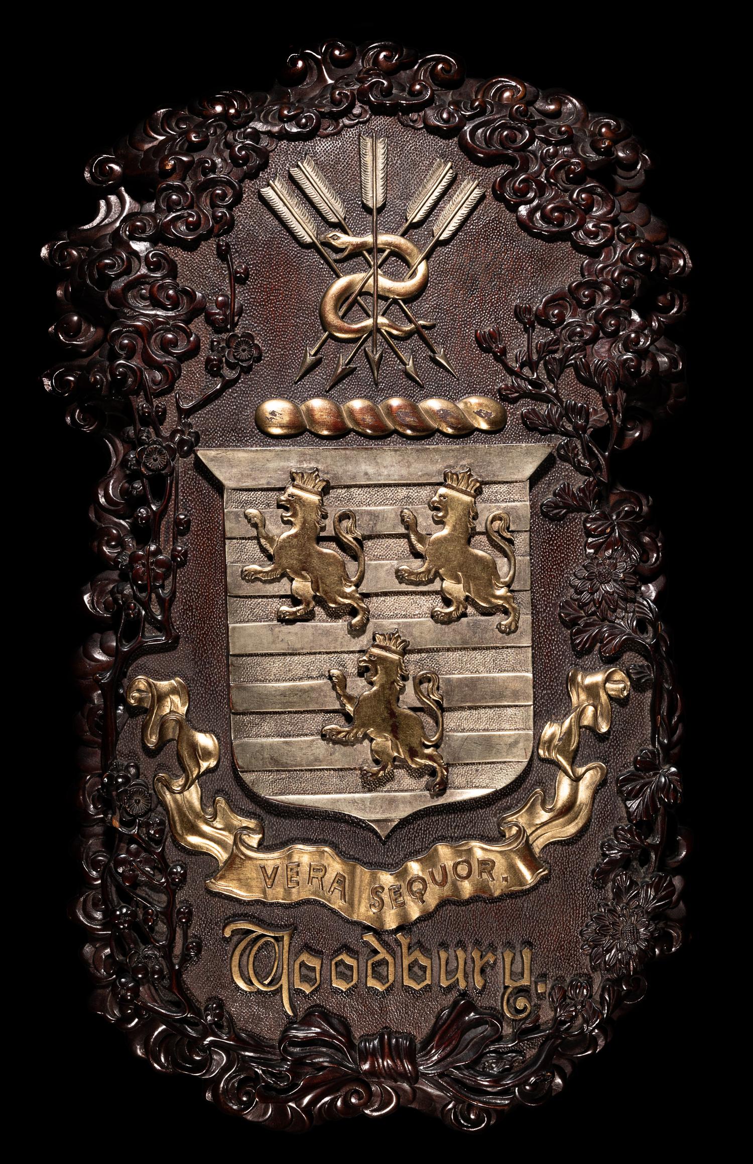 A Bespoke Japanese Gilt Decorated Wood Panel of The Woodbury Coat-of-Arms