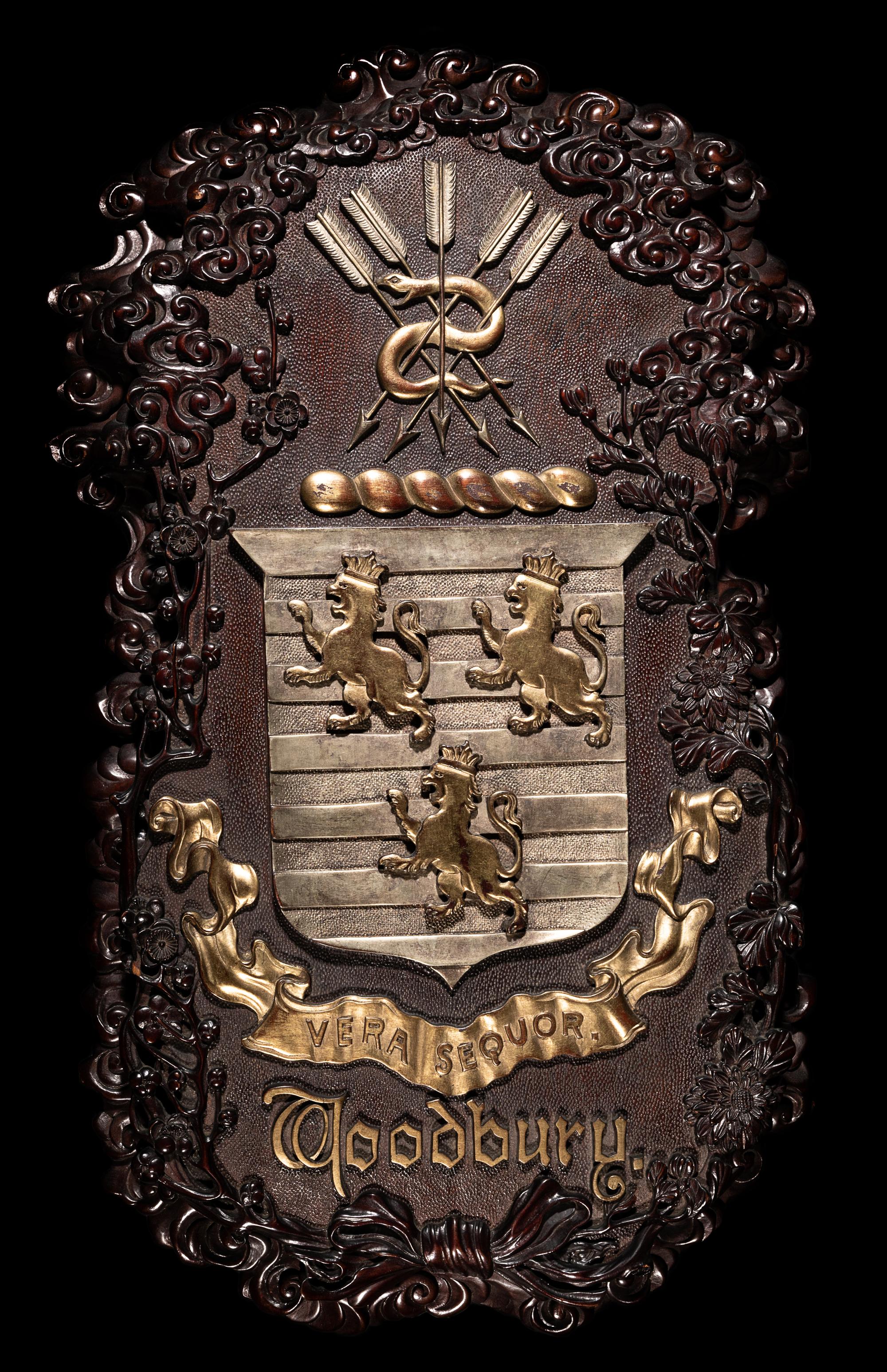 A Bespoke Japanese Gilt Decorated Wood Panel of The Woodbury Coat-of-Arms