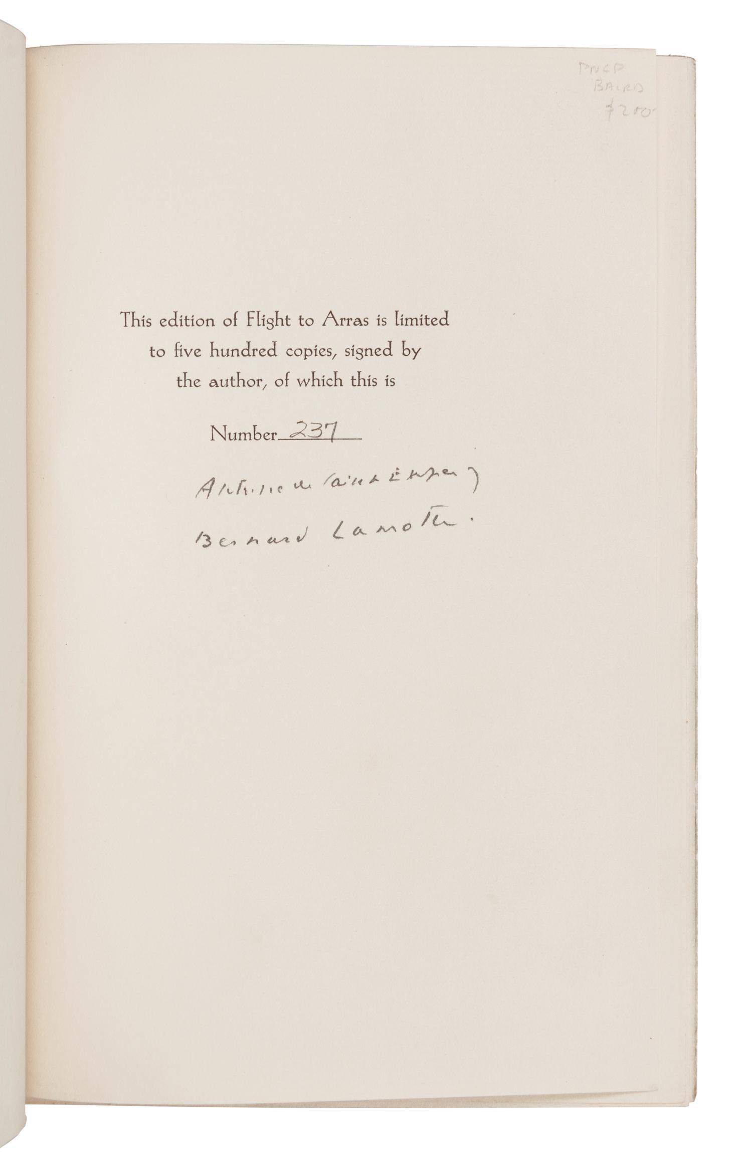 SAINT-EXUPERY, Antoine de (1900-1944). Flight to Arras . New York: Reynal & Hitchcock, 1942.