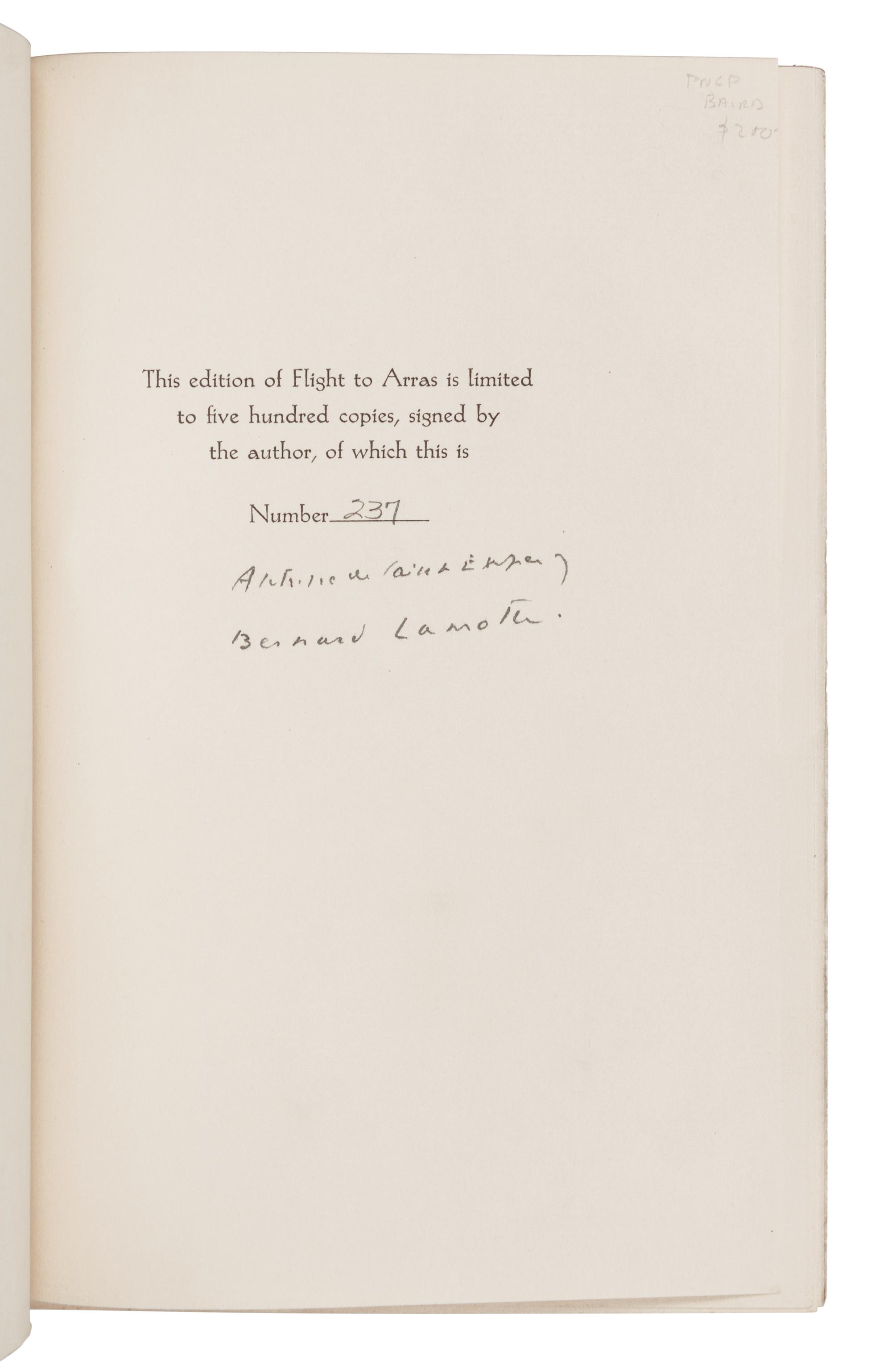 SAINT-EXUPERY, Antoine de (1900-1944). Flight to Arras . New York: Reynal & Hitchcock, 1942.