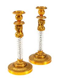 A Pair of Charles X Style Gilt Bronze and Cut Glass Candlesticks