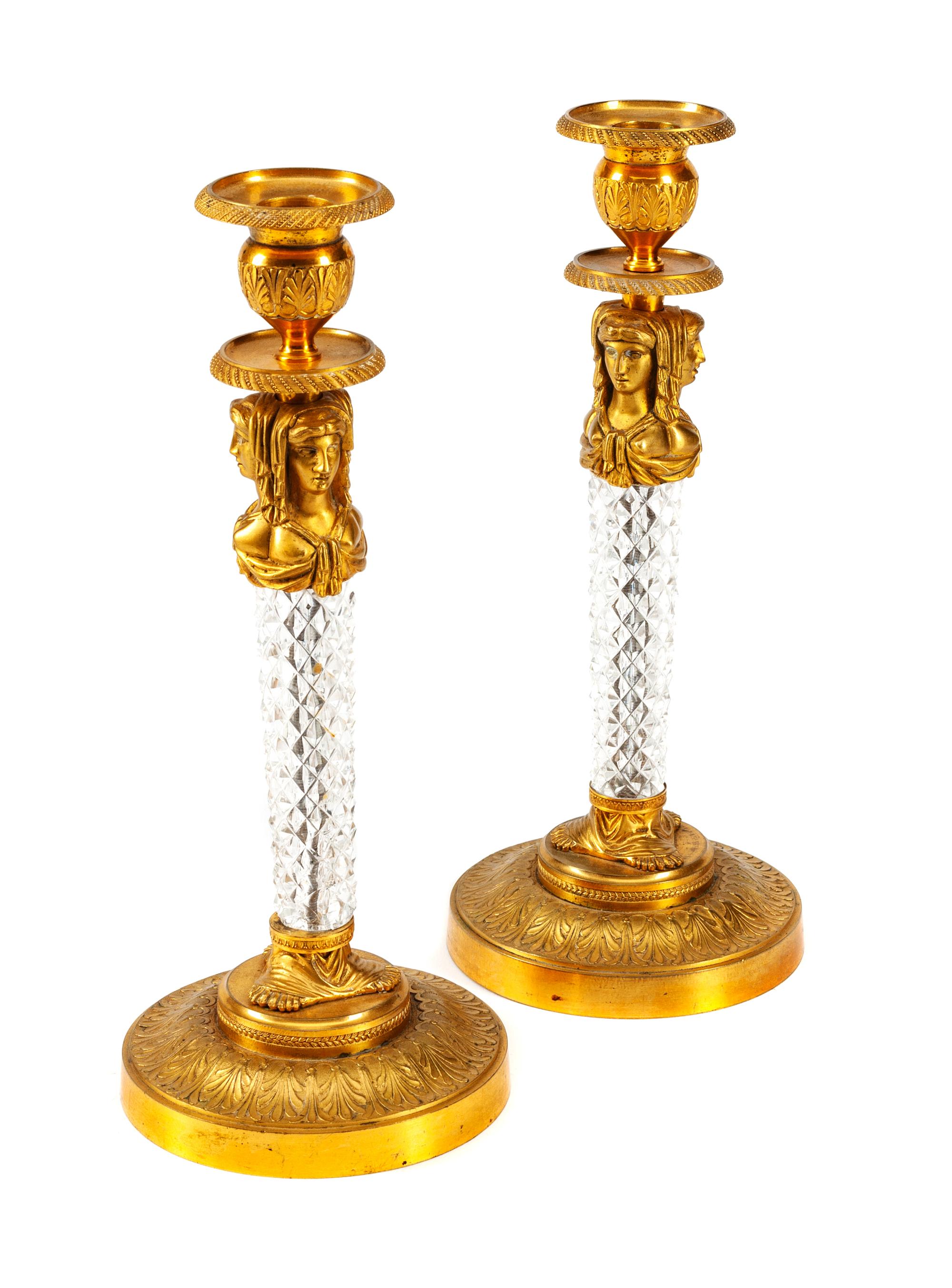 A Pair of Charles X Style Gilt Bronze and Cut Glass Candlesticks