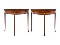 A Pair of Regency Inlaid Mahogany Demilune Console Tables