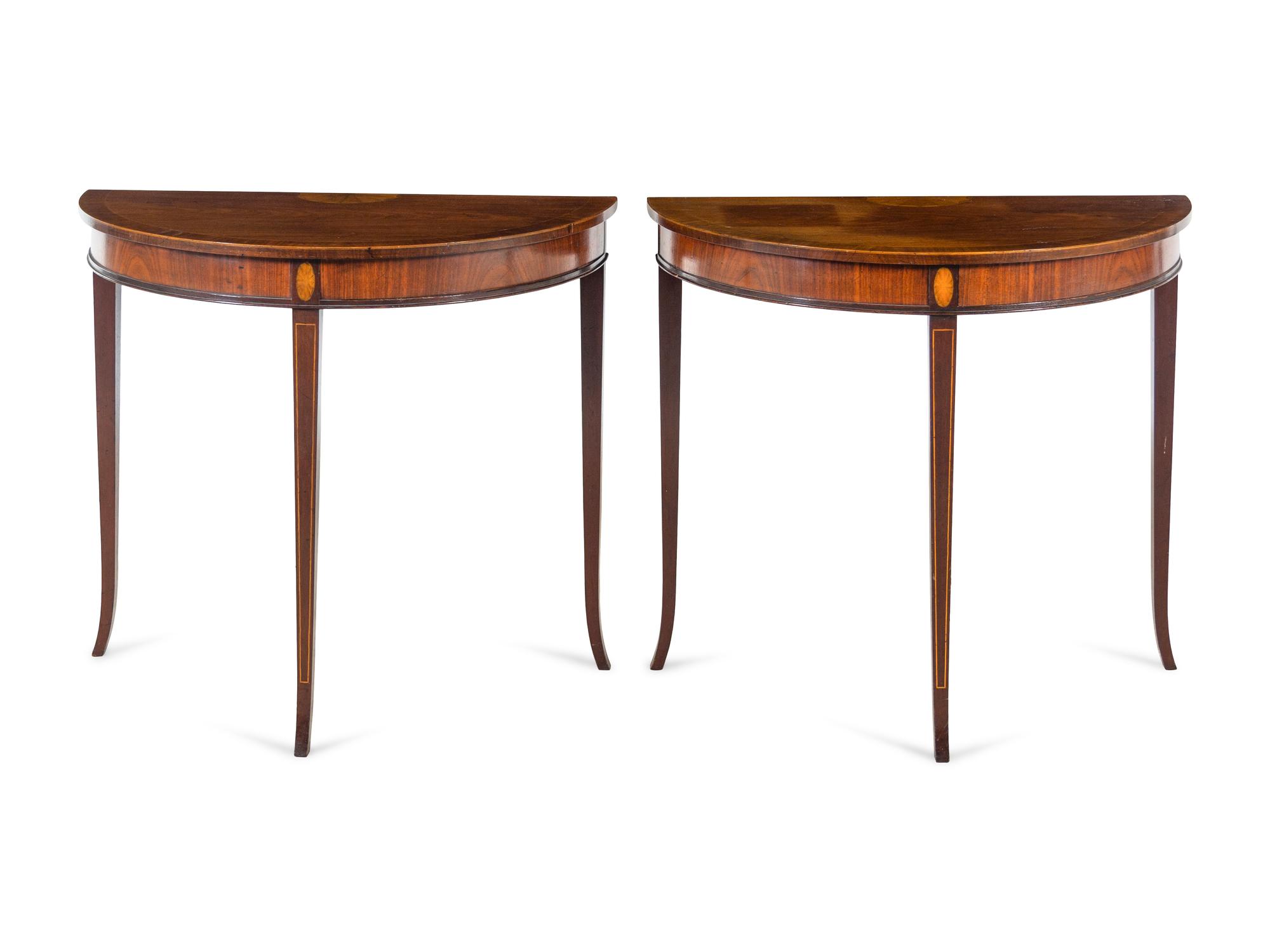 A Pair of Regency Inlaid Mahogany Demilune Console Tables