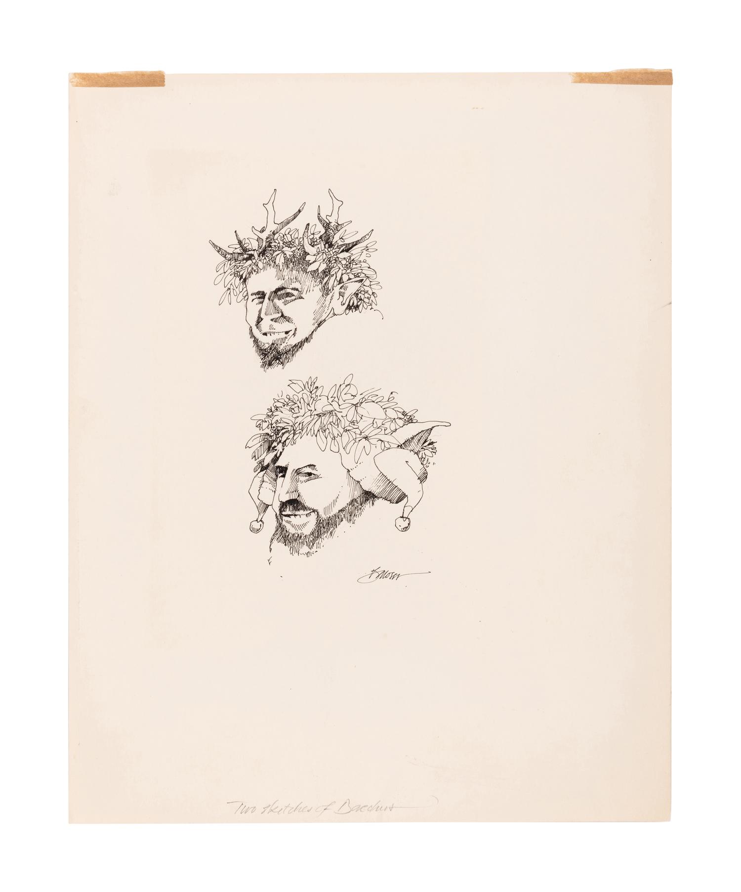 MOSER, Barry. Original pen & ink drawing depicting two studies of the head of Bacchus. [1970]. 347 x 279 mm. (Some minor marginal tape remnants from previous mounting on upper margin.) Signed in ink and captioned “Two sketches of Bacchus” in pencil.