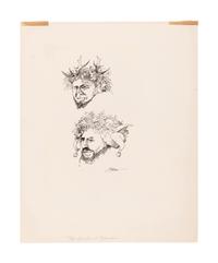 MOSER, Barry. Original pen & ink drawing depicting two studies of the head of Bacchus. [1970]. 347 x 279 mm. (Some minor marginal tape remnants from previous mounting on upper margin.) Signed in ink and captioned “Two sketches of Bacchus” in pencil.