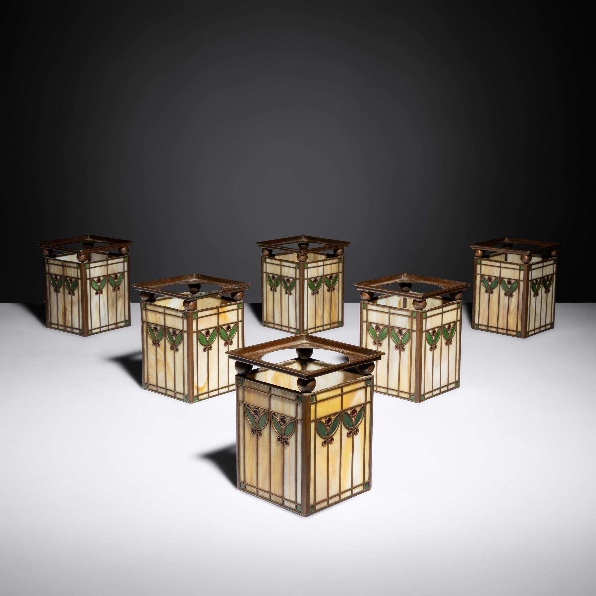 Slag glass shades, six, c. 1908 Handel Glass, USA