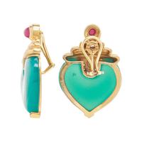 YELLOW GOLD, DYED GREEN CHALCEDONY, RUBY, AND DIAMOND EARRINGS