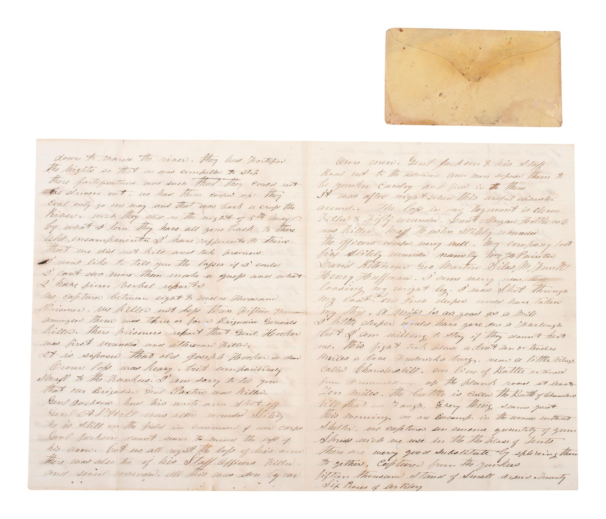 [CIVIL WAR]. Letter describing the Battle of Chancellorsville and referencing Stonewall Jackson along with other notable CSA figures, written by CSA Capt. Jacob Golladay, 33rd Virginia Infantry. "Camp Near Fredericksburg," 8 May 1863.